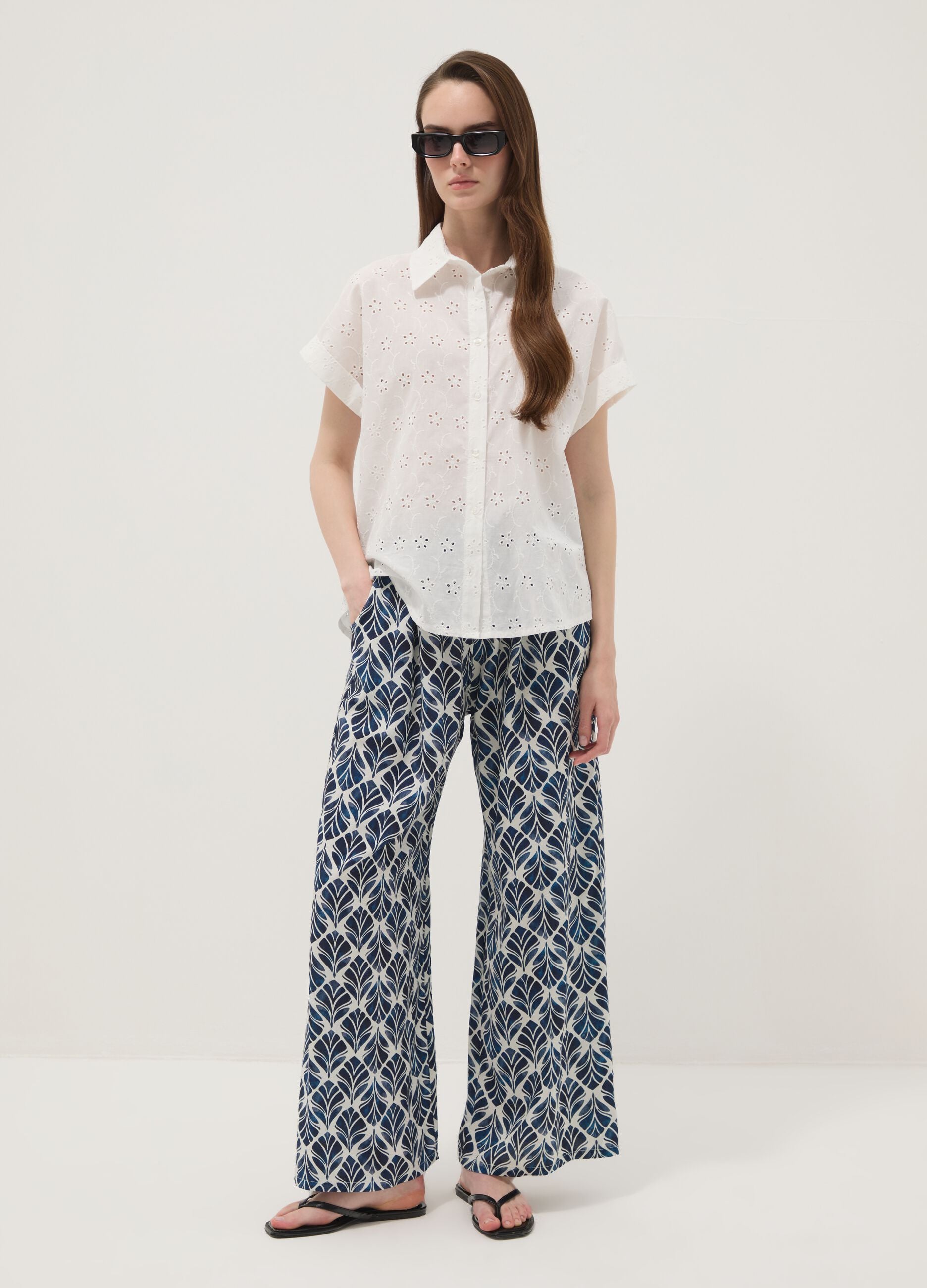 Blue pure viscose wide-leg patterned trousers, regular fit