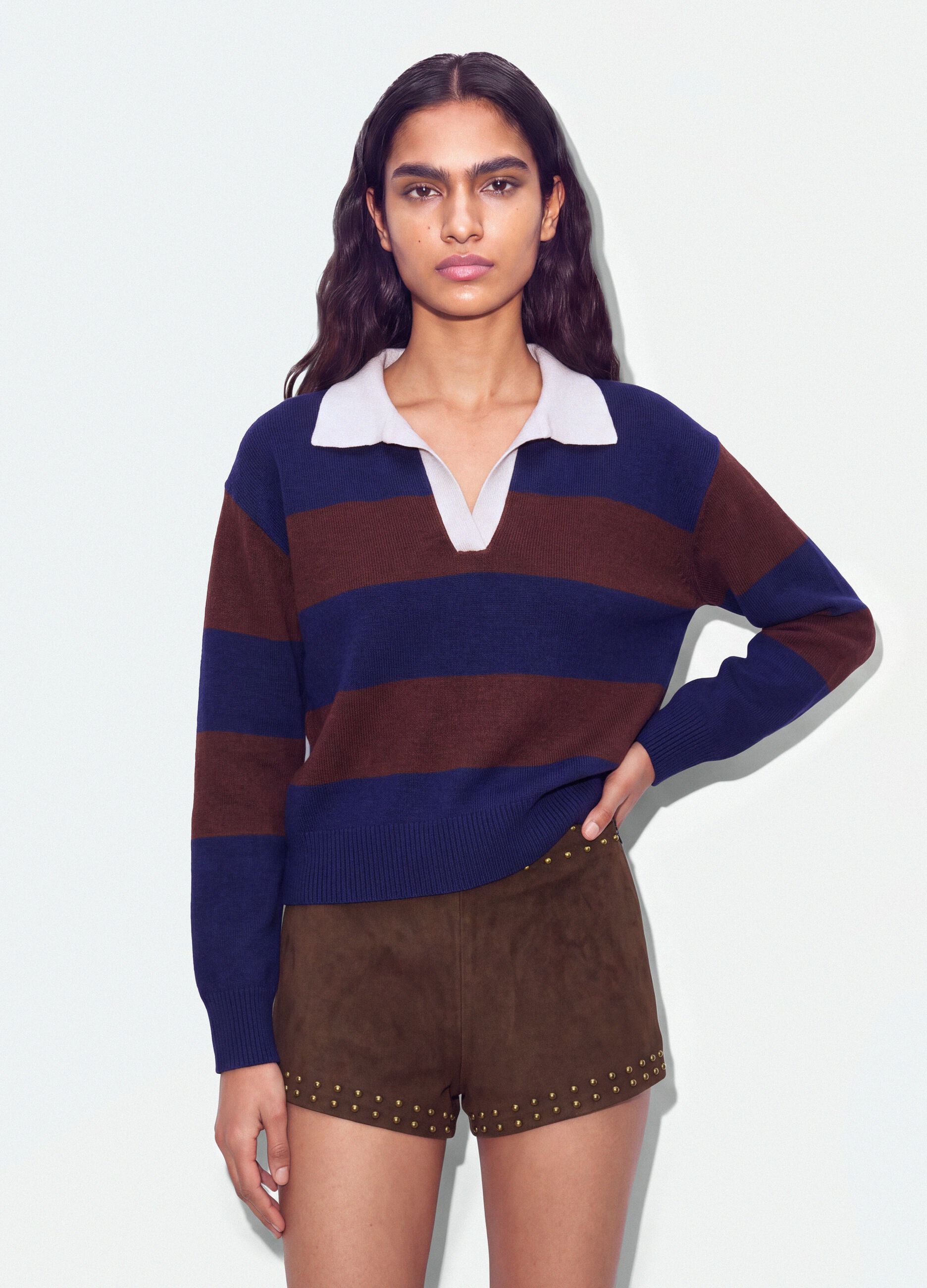 Blue striped viscose-blend polo-collar jumper, regular fit