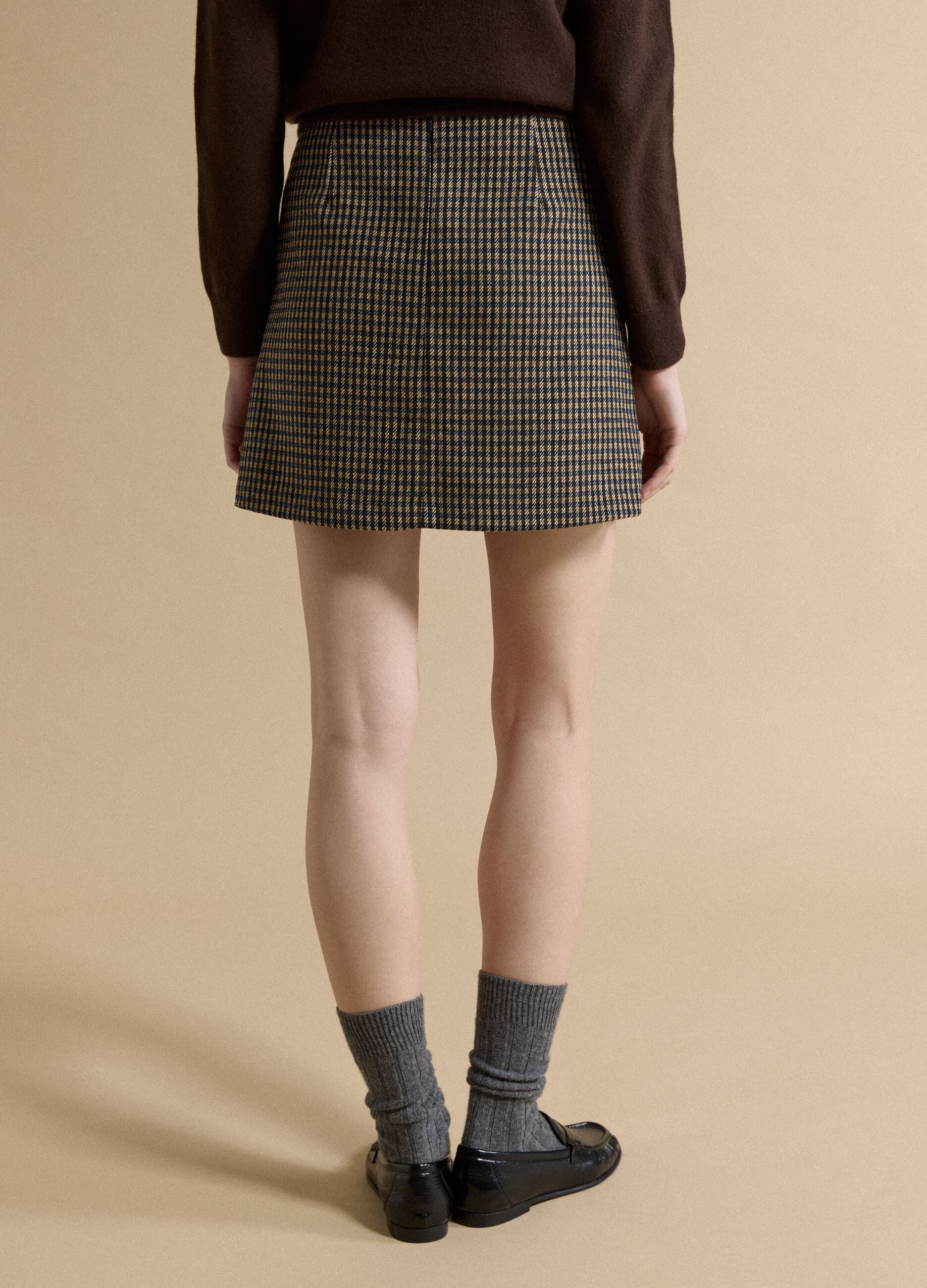Multicoloured checked wool and viscose-blend skirt