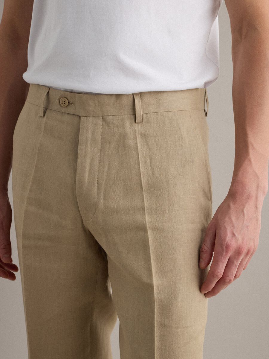 Beige slim-fit pure linen trousers_3