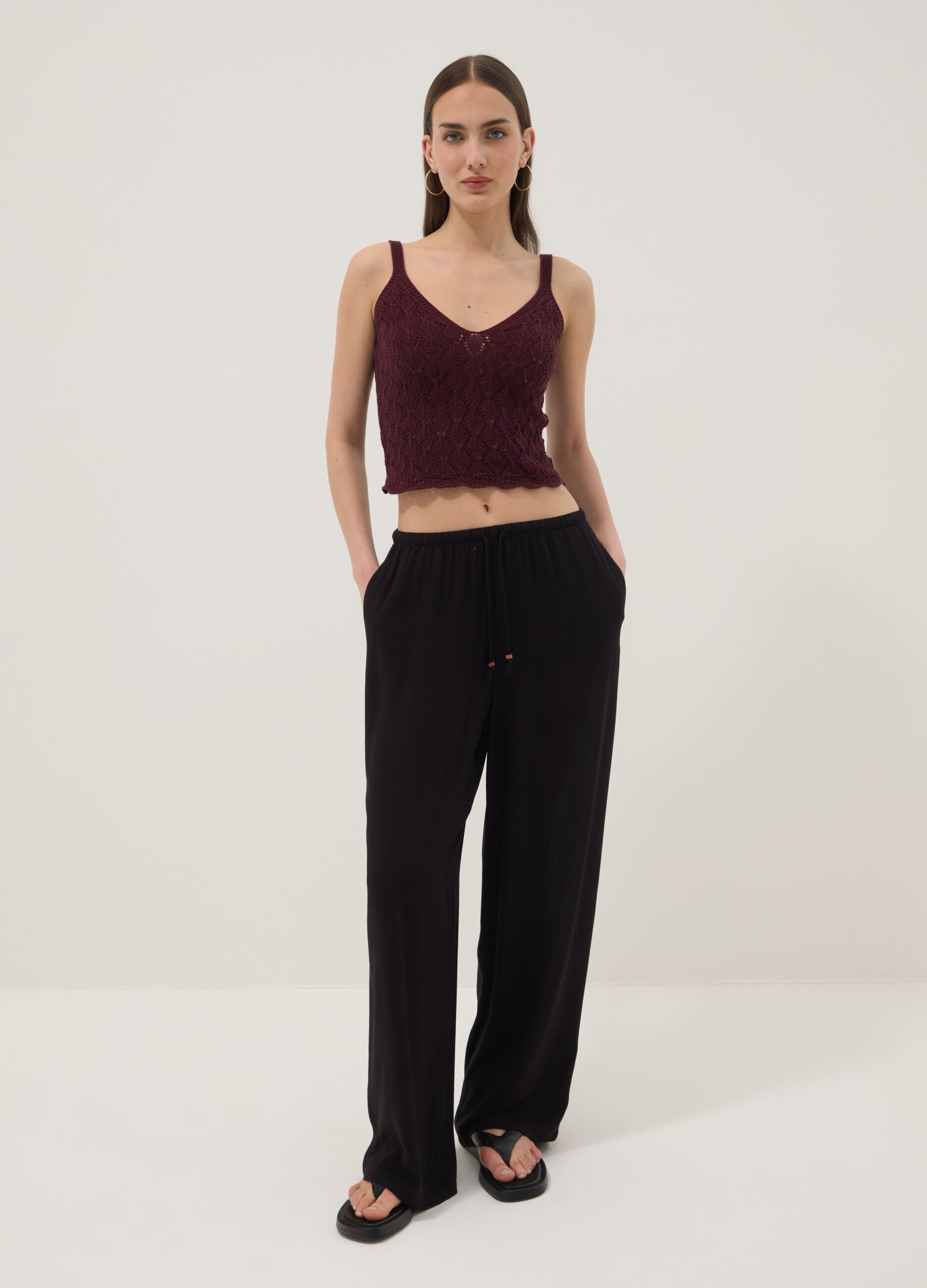Black pure viscose trousers with drawstring, relaxed fit