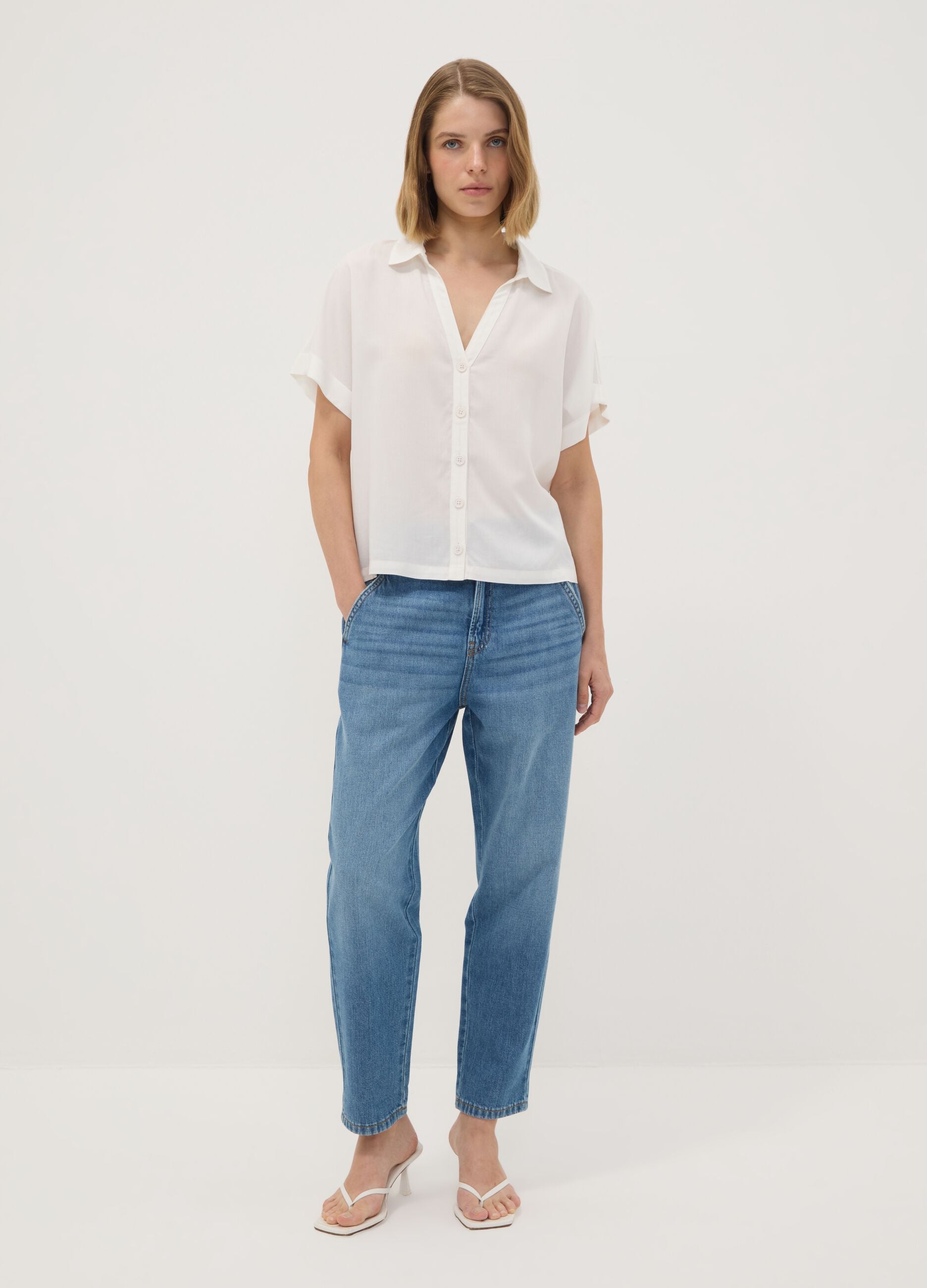 Light blue pure cotton denim jeans with paperbag waist, baggy fit