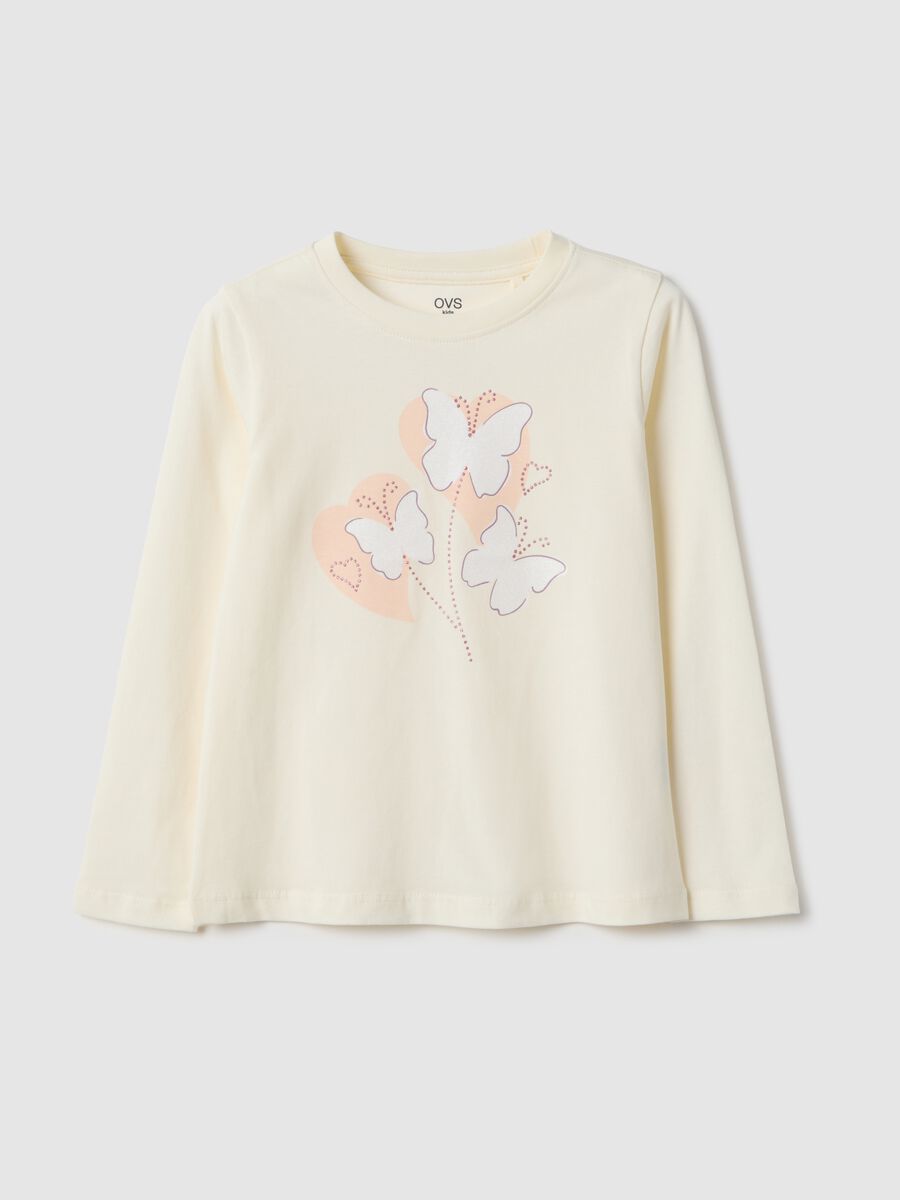 Beige pure cotton T-shirt with butterflies for girls_0