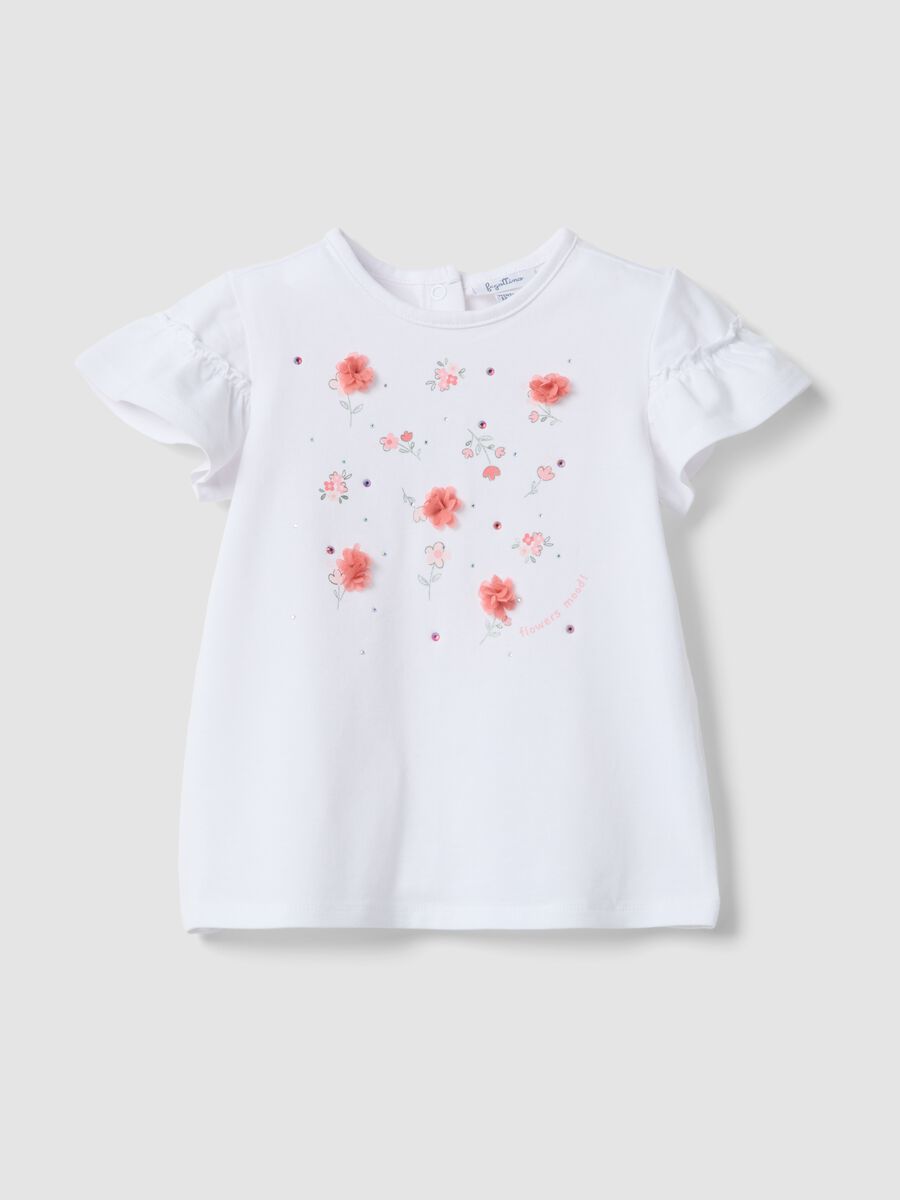 T-shirt in cotone elasticizzato bianco da bimba regular fit con fiori_0