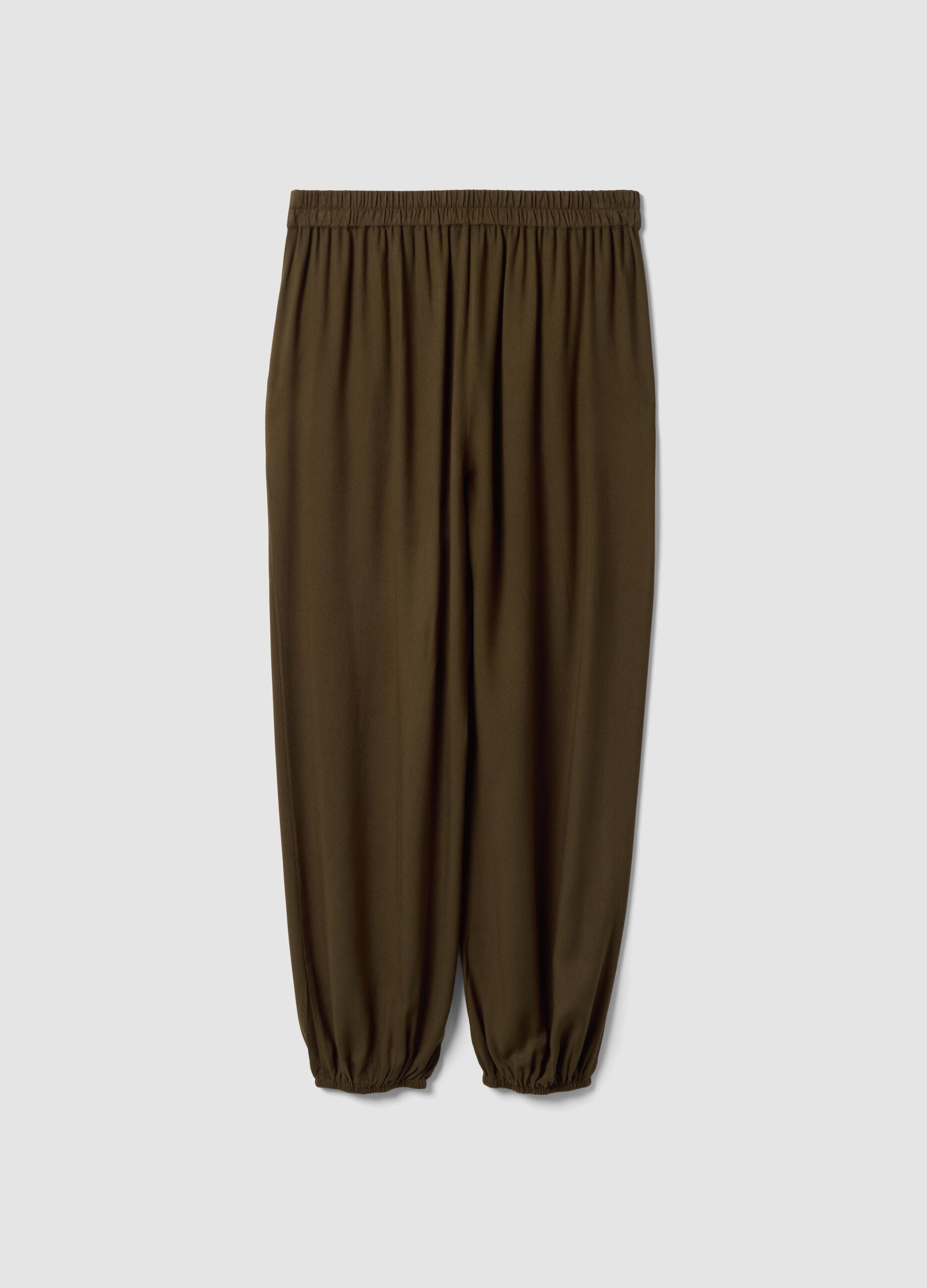 Green pure viscose trousers with elasticated cuffs, regular fit