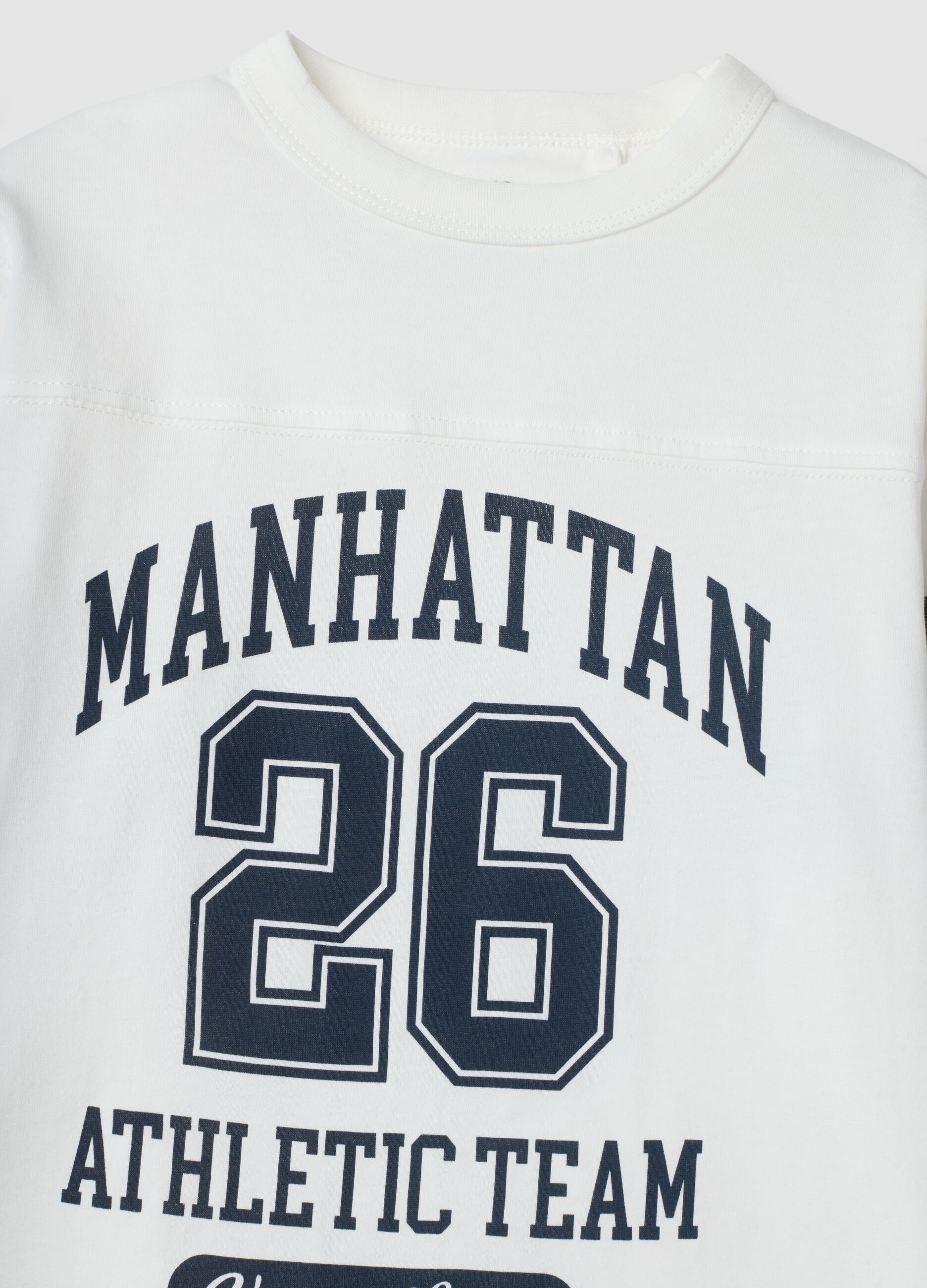 White pure cotton T-shirt with college print, regular fit