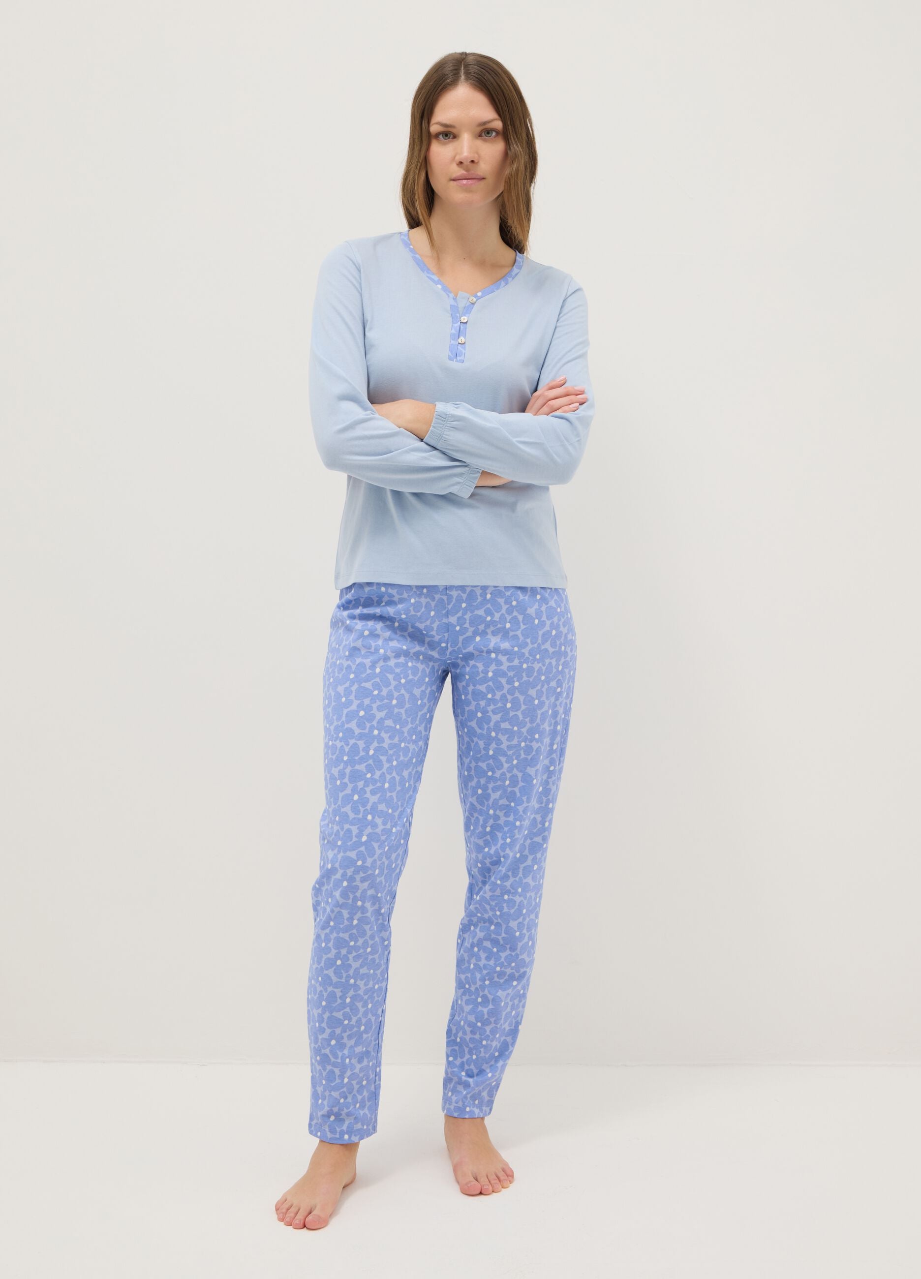 Blue nightshirt in pure cotton regular fit with Henley neckline