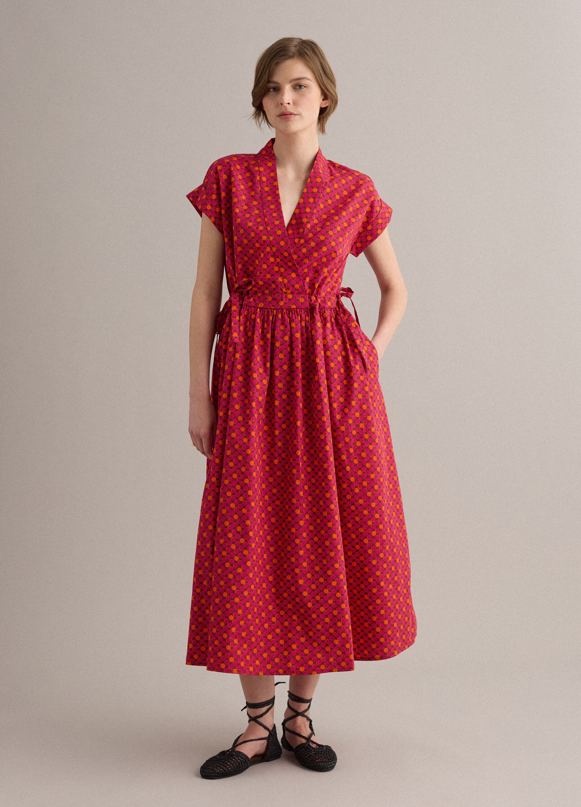 Red pure cotton midi dress with printed pattern