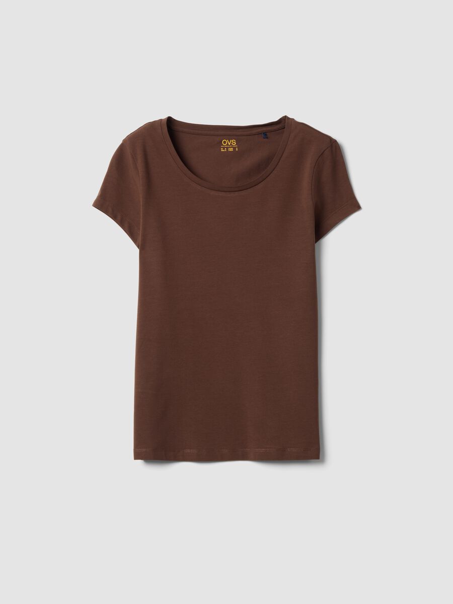 T-shirt marrone in cotone elasticizzato a girocollo regular fit_4