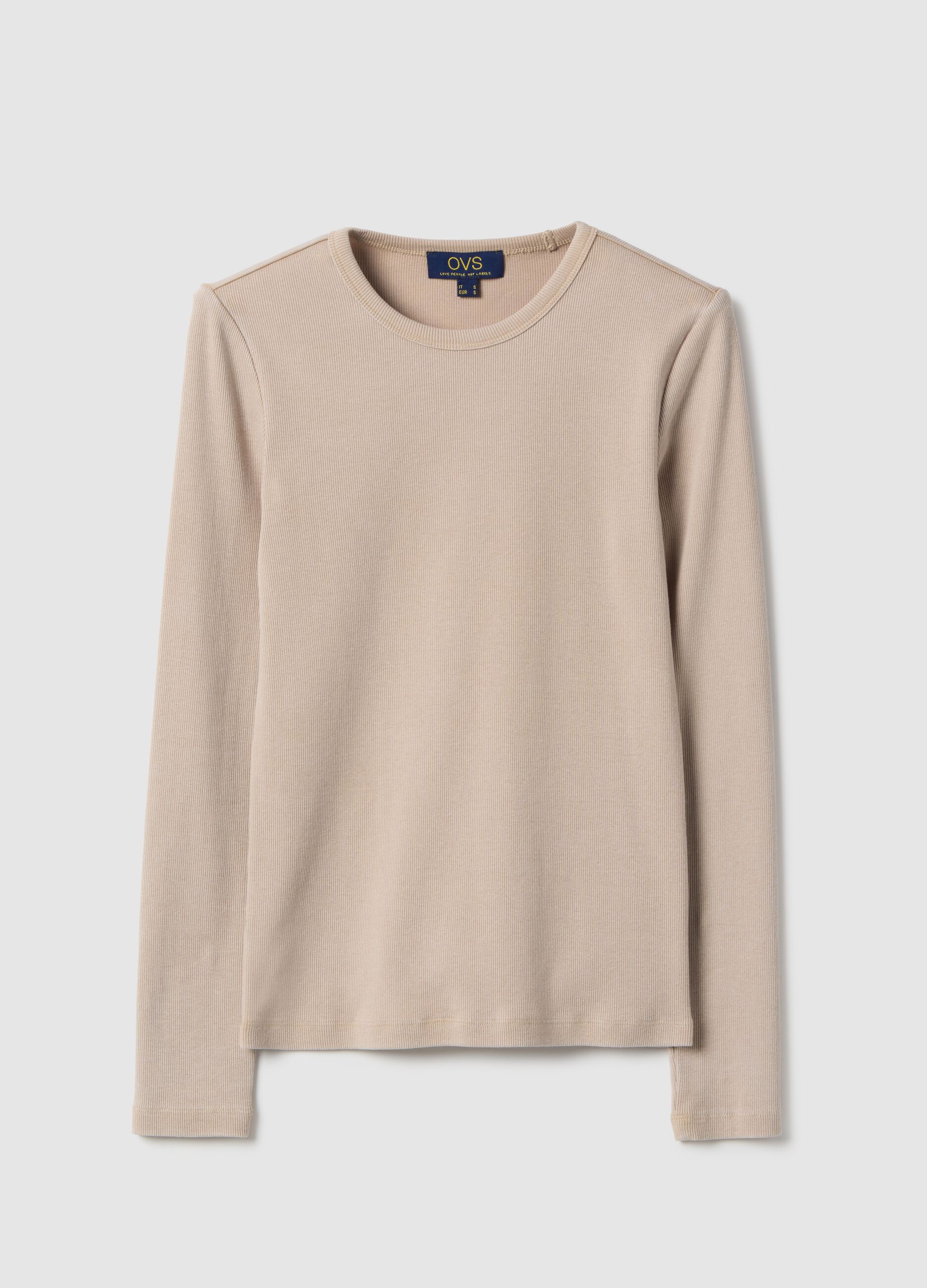 Beige regular fit stretchy cotton long sleeve top