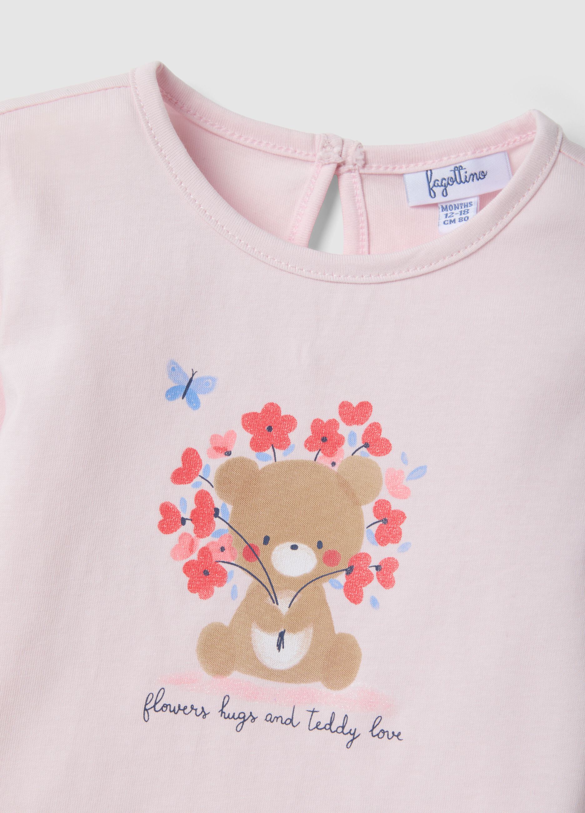 Pink pure cotton regular fit girl's T-shirt with teddy bear