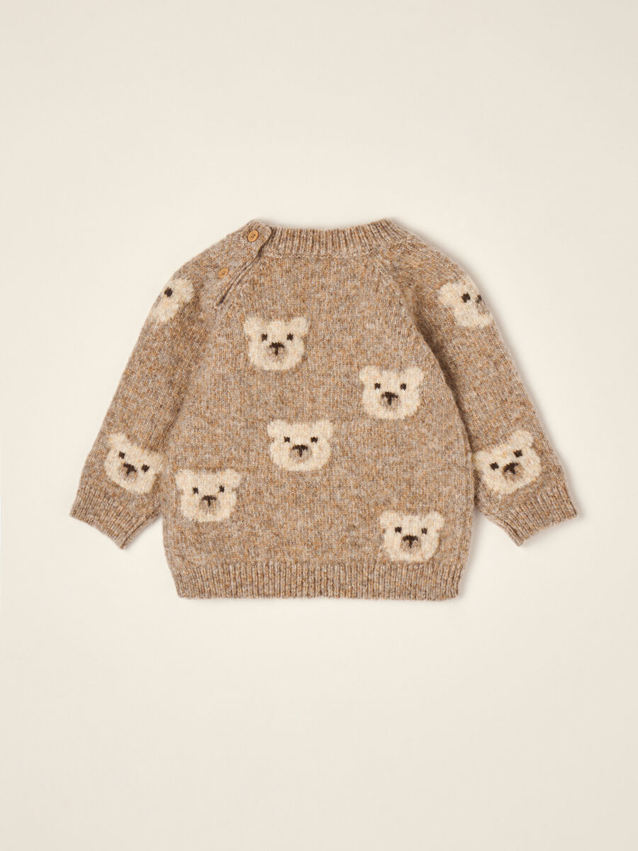 Beige wool-blend crew-neck jumper with teddy bear motif_2
