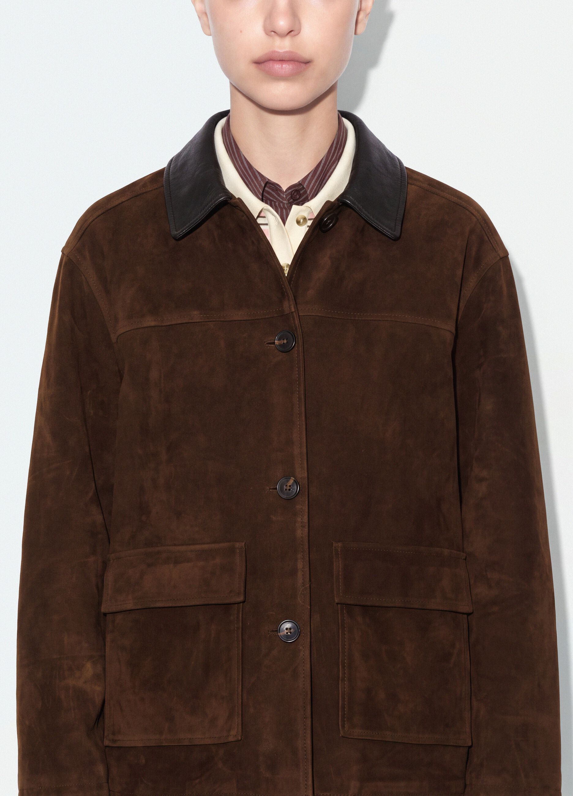 Brown regular-fit shacket with contrast collar