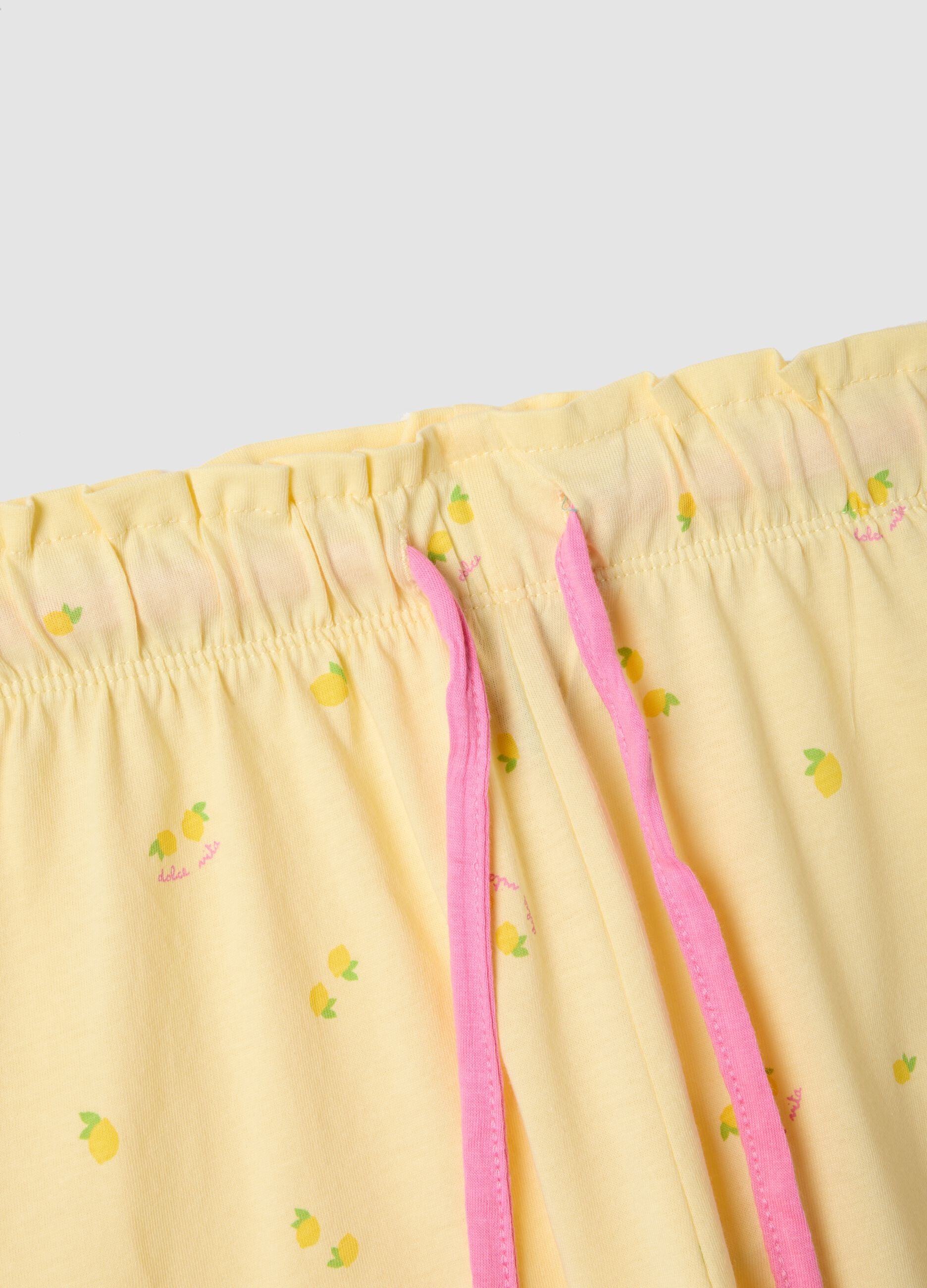 Yellow pure cotton pyjama shorts with lemon print and pink drawstring