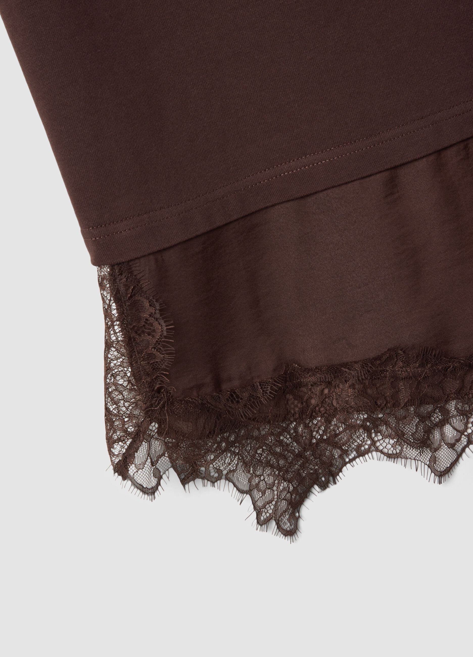 Brown pure cotton T-shirt with lace insert, relaxed fit
