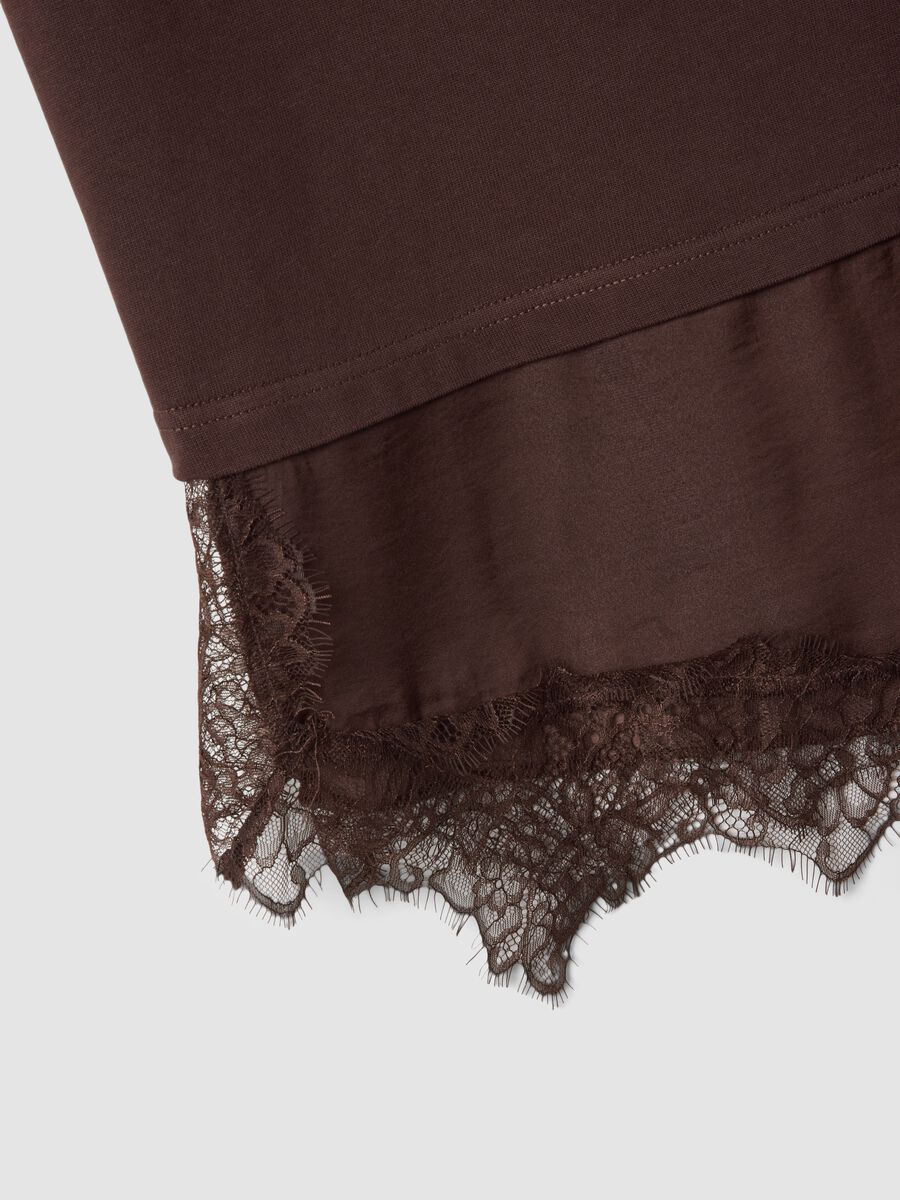 Brown pure cotton T-shirt with lace insert, relaxed fit_5