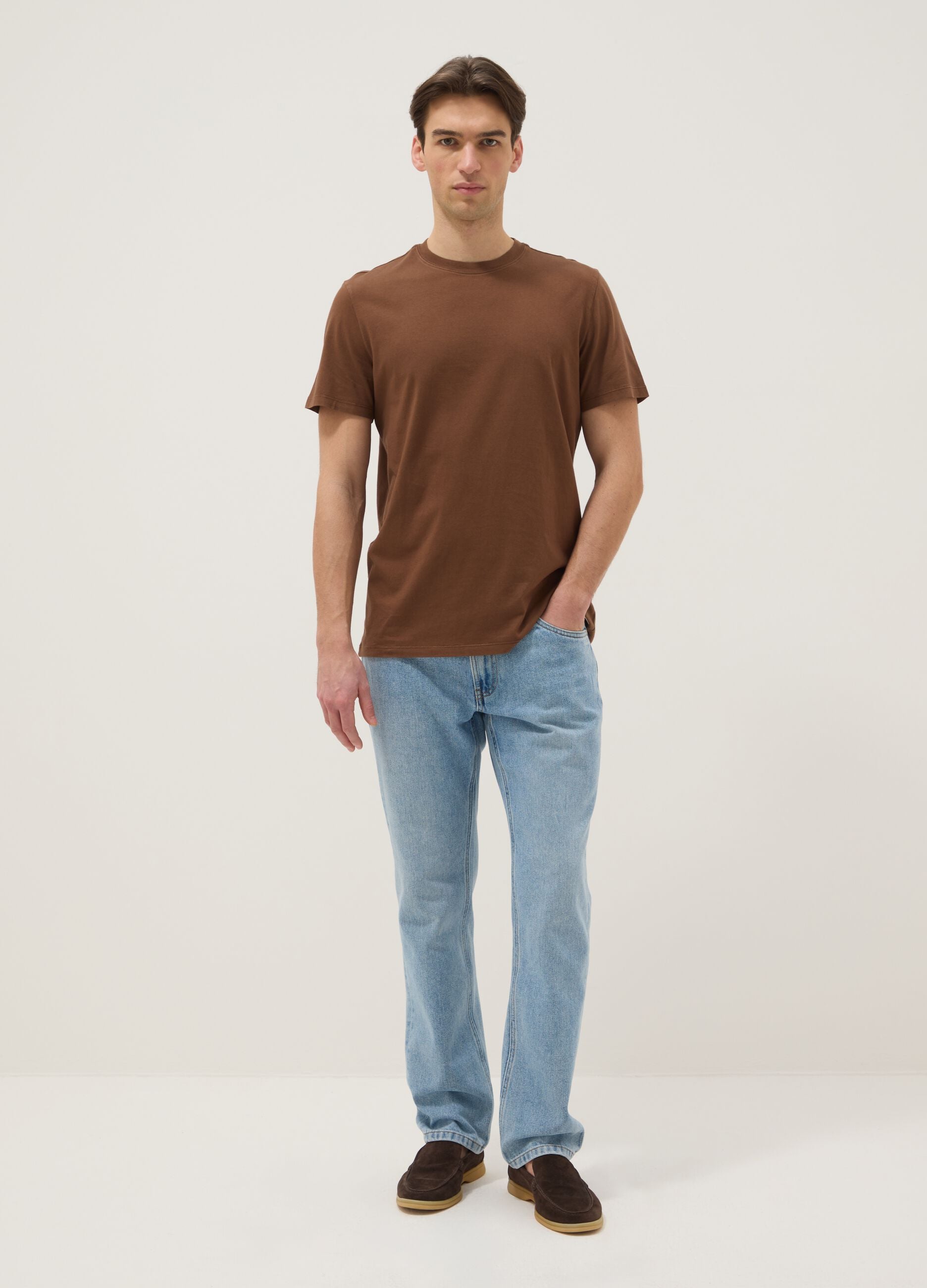 Brown crew neck pure cotton regular fit t-shirt