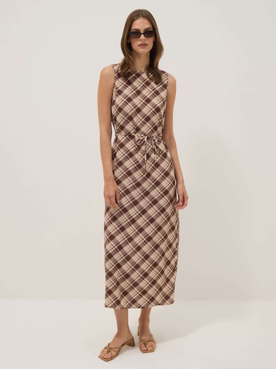 Brown checked pure viscose midi dress, regular fit_1