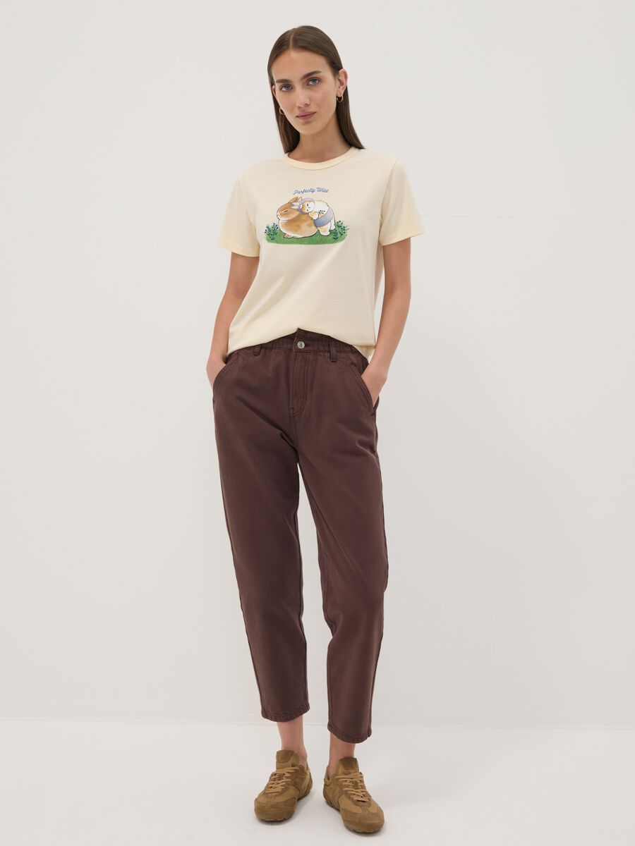 Beige pure cotton regular-fit T-shirt with cute animal print_1