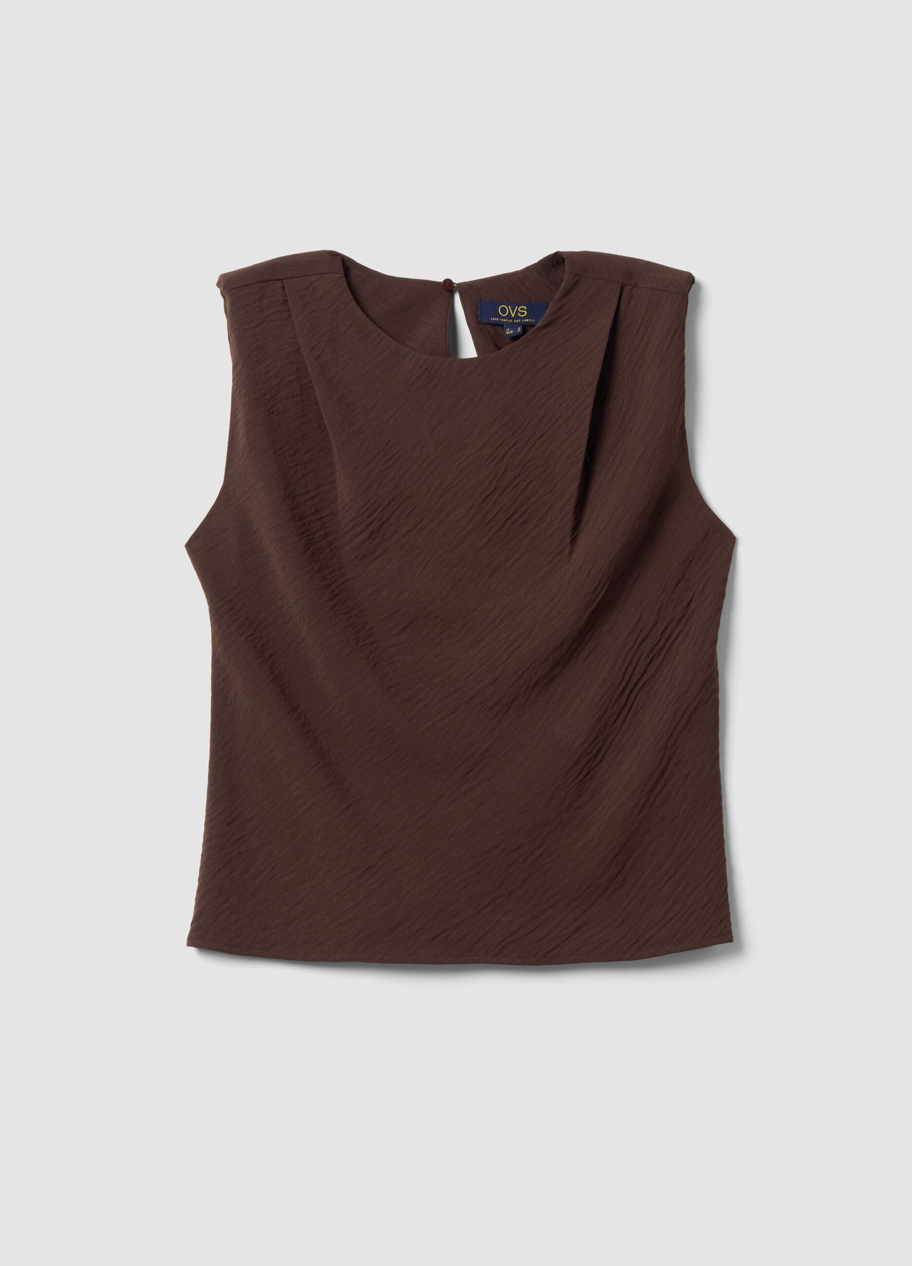 Brown sleeveless pleated-texture blouse, regular fit