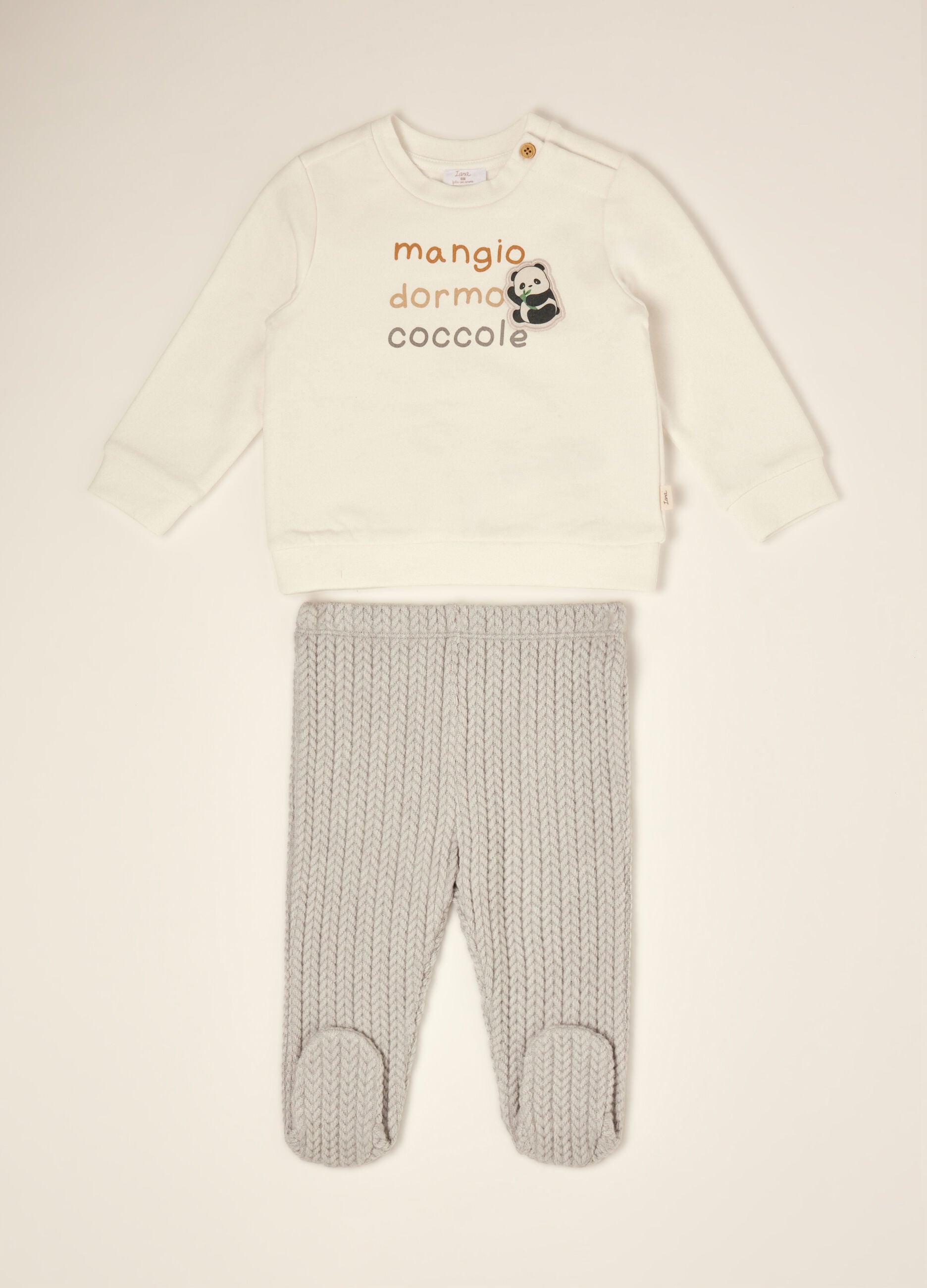 White stretch cotton baby set with footed leggings and panda print