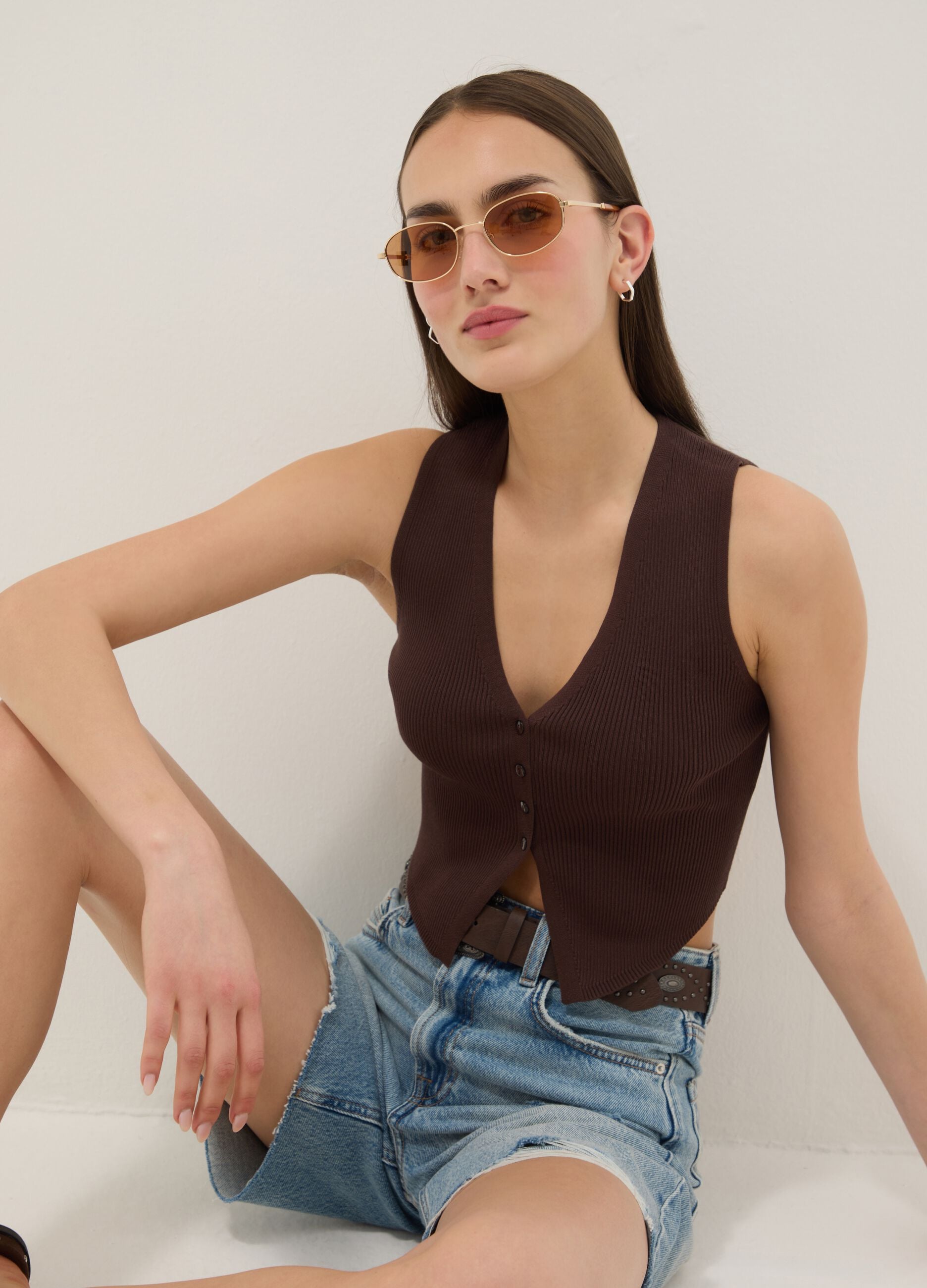 Brown viscose blend waistcoat regular fit deep V