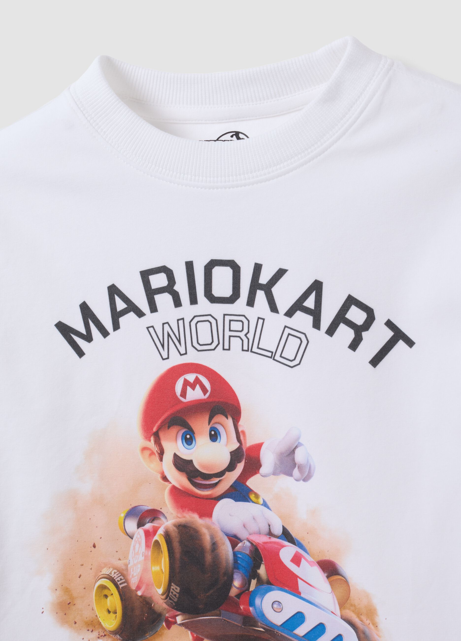 White stretch cotton T-shirt with Mario Kart print