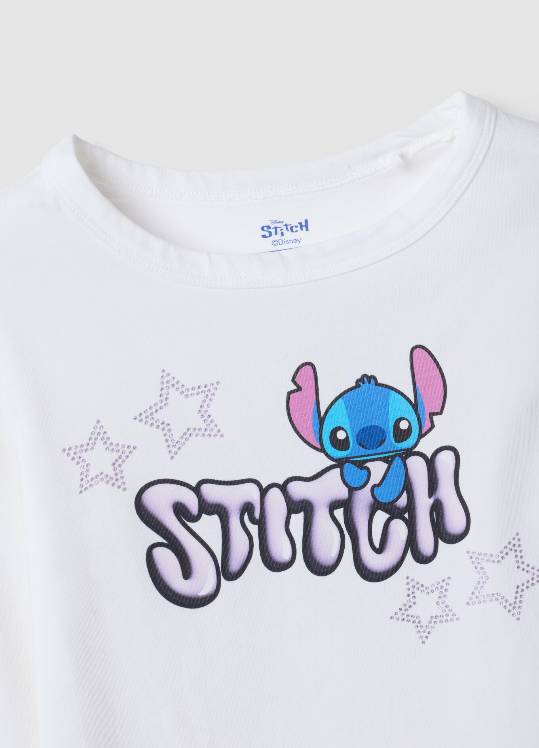White stretch cotton T-shirt with Lilo & Stitch print