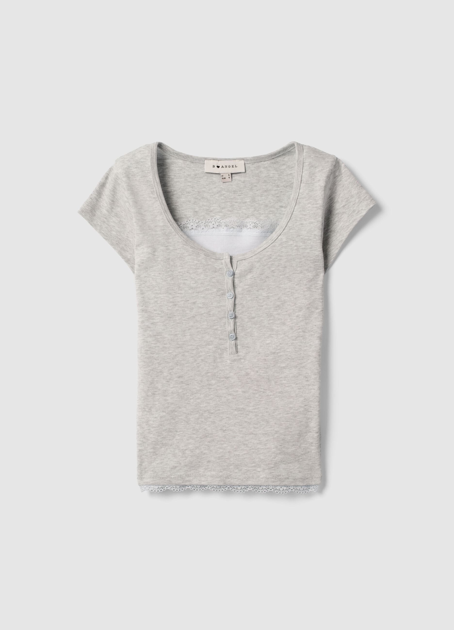 Grey regular fit cotton blend T-shirt with lace detail