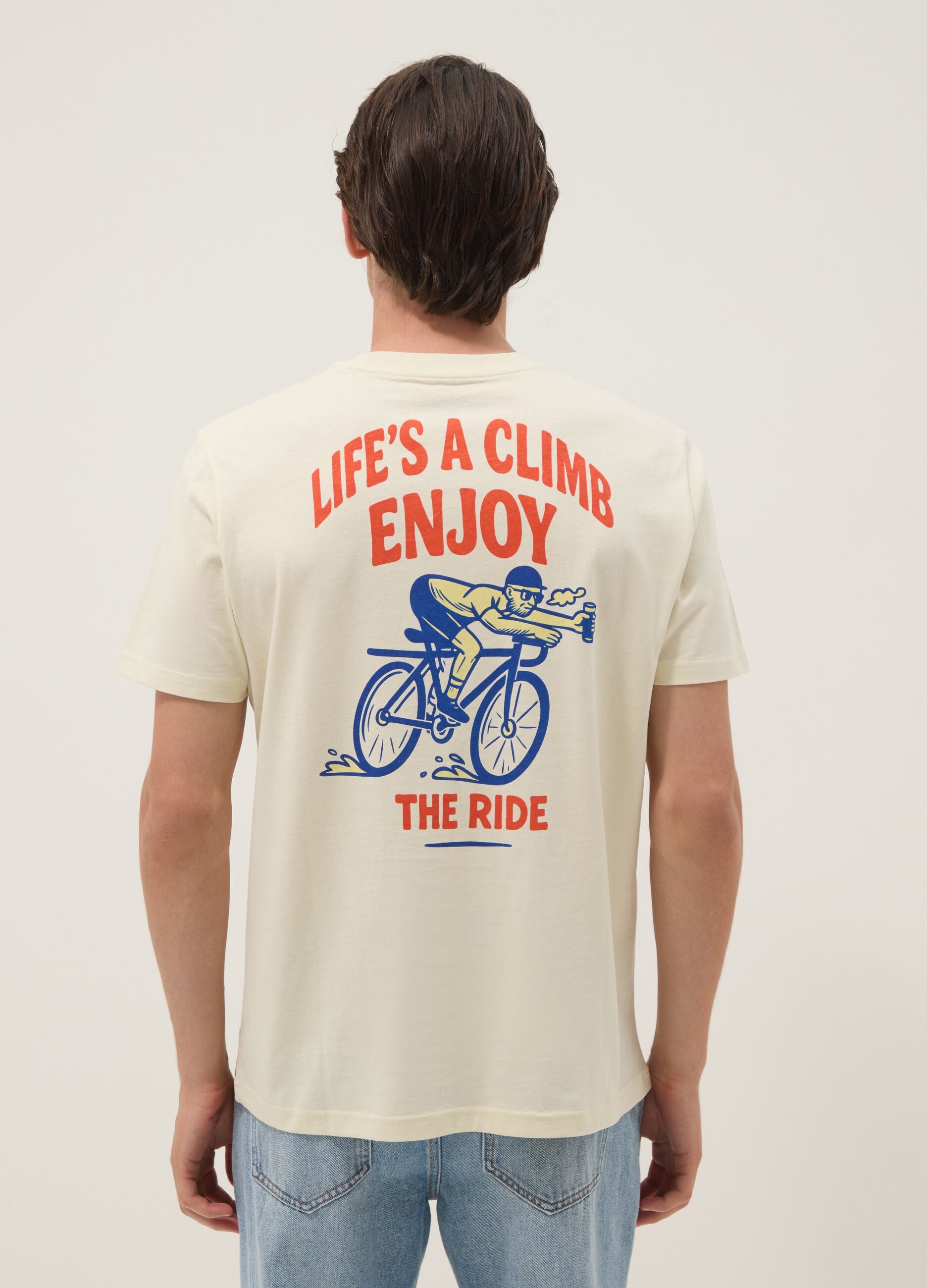 Beige pure cotton jersey T-shirt with slogan, regular fit