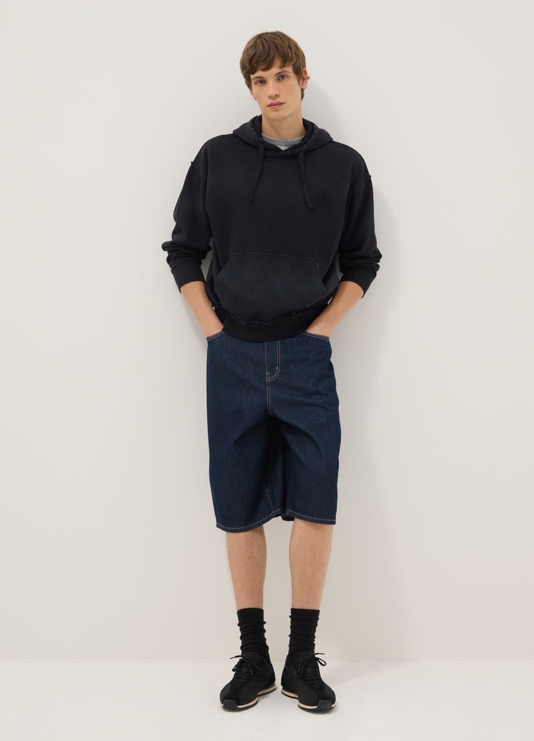 Black cotton blend oversized fit hooded sweatshirt
