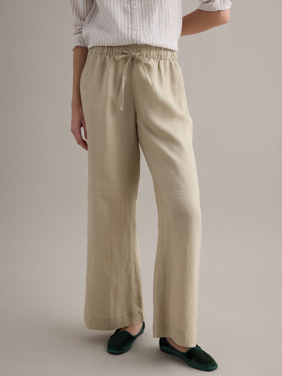 Beige pure linen straight-fit trousers with drawstring_1