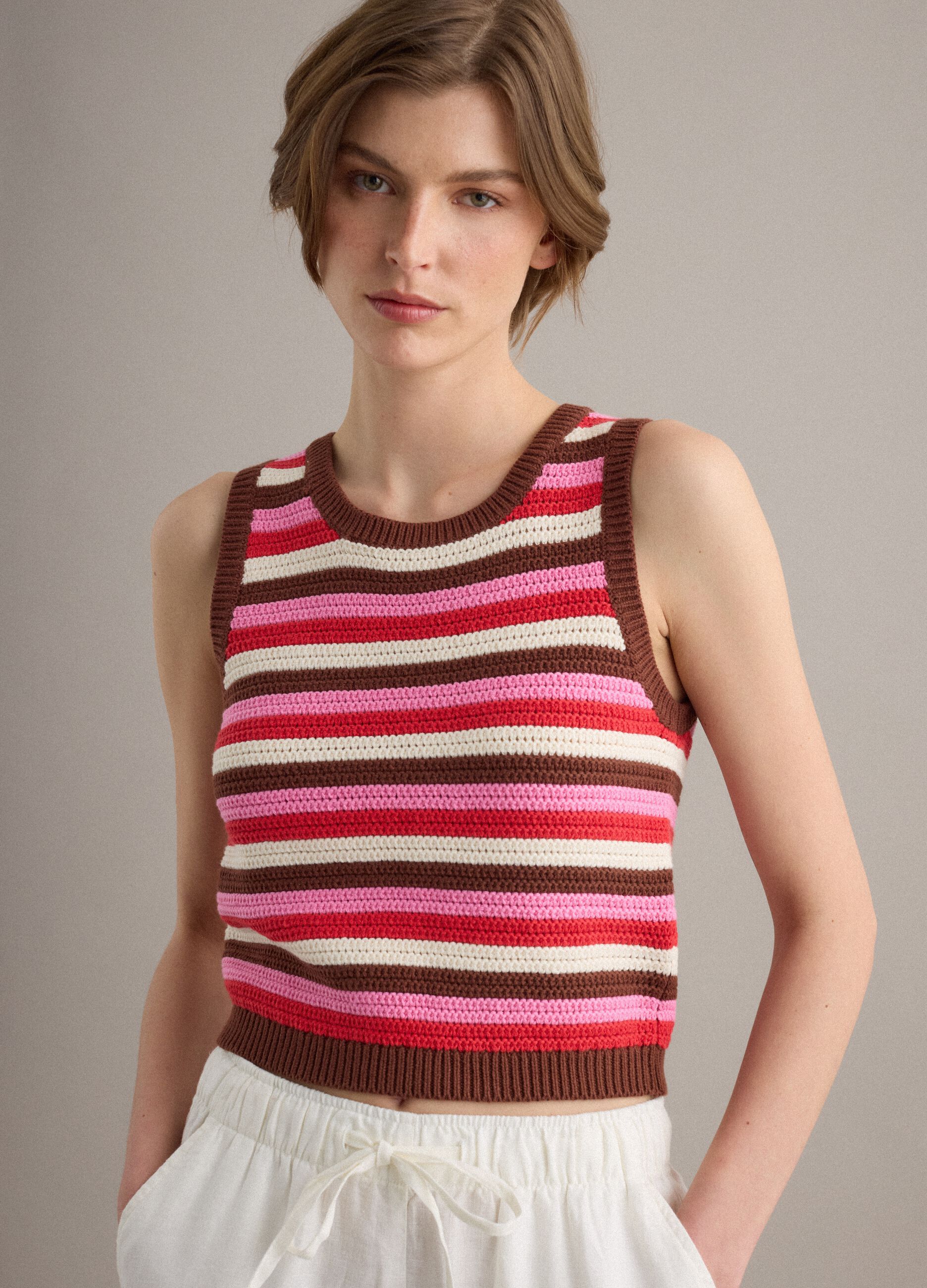 Fitted pure cotton knitted gilet with multicolour stripes