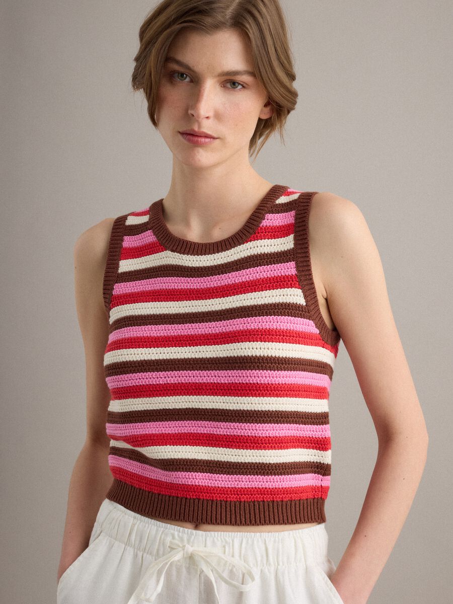 Fitted pure cotton knitted gilet with multicolour stripes_0