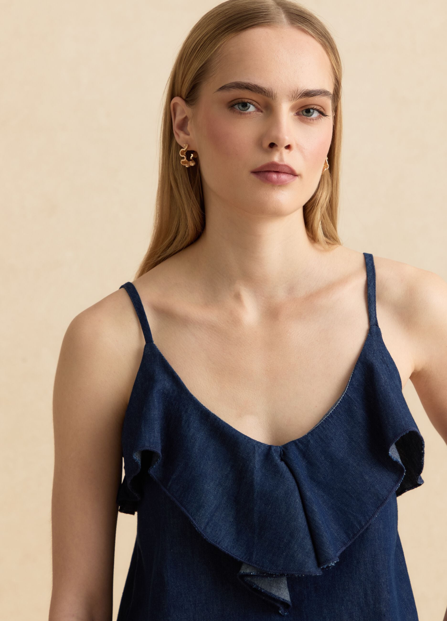 Blue pure cotton top with ruffle