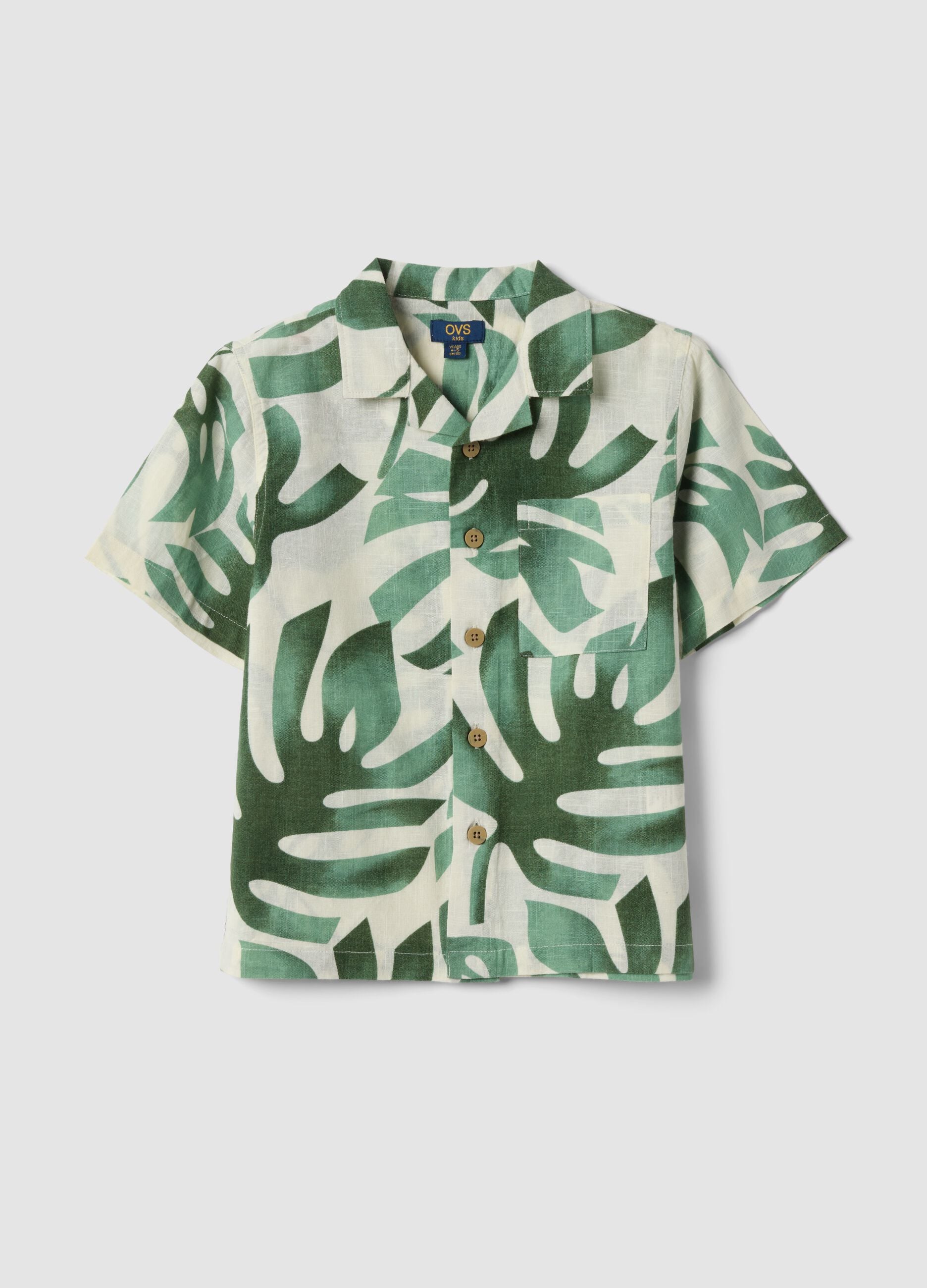 Green pure cotton shirt with tropical print