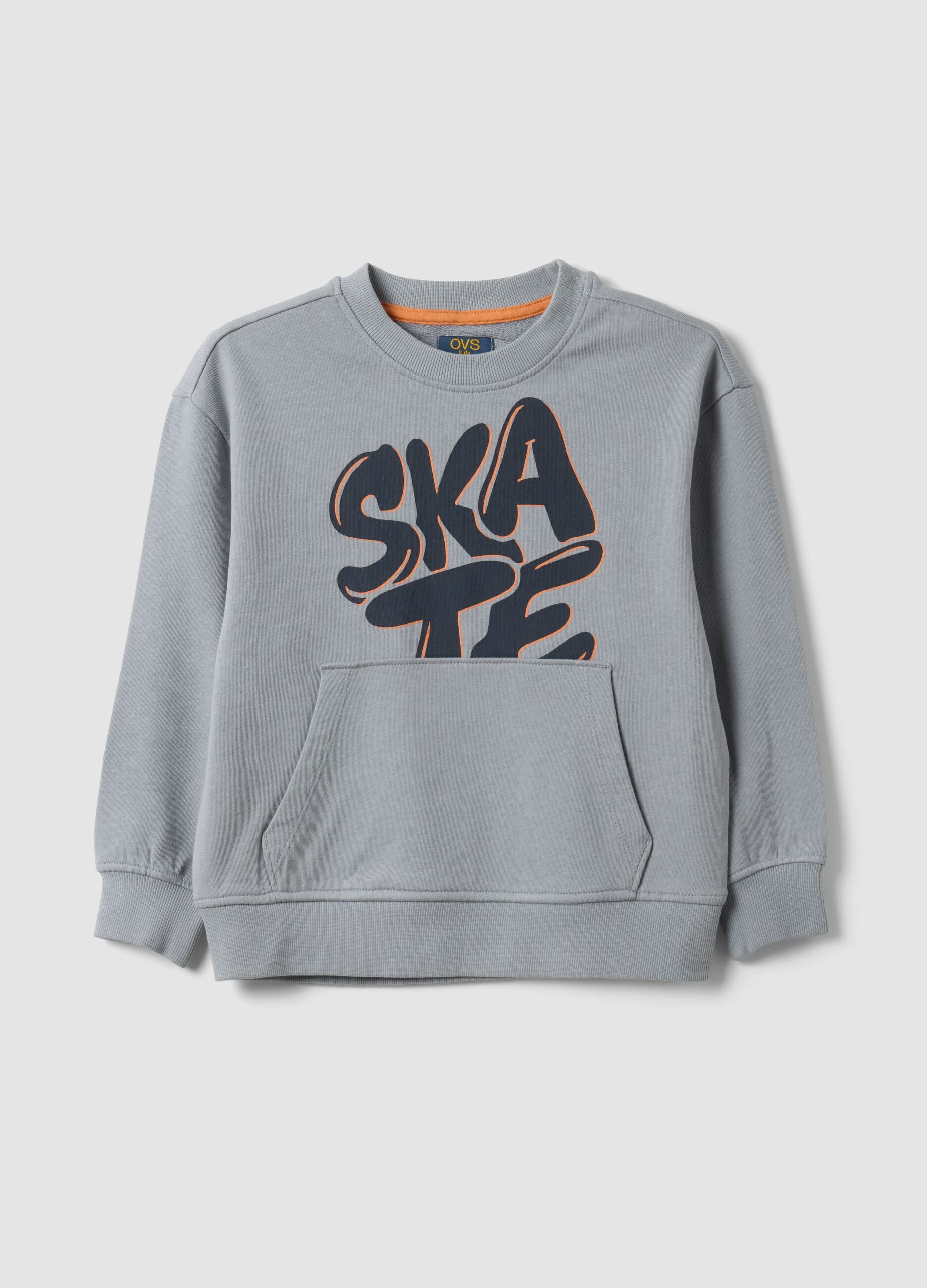 Grey oversized pure cotton hoodie with print and kangaroo pocket for boys