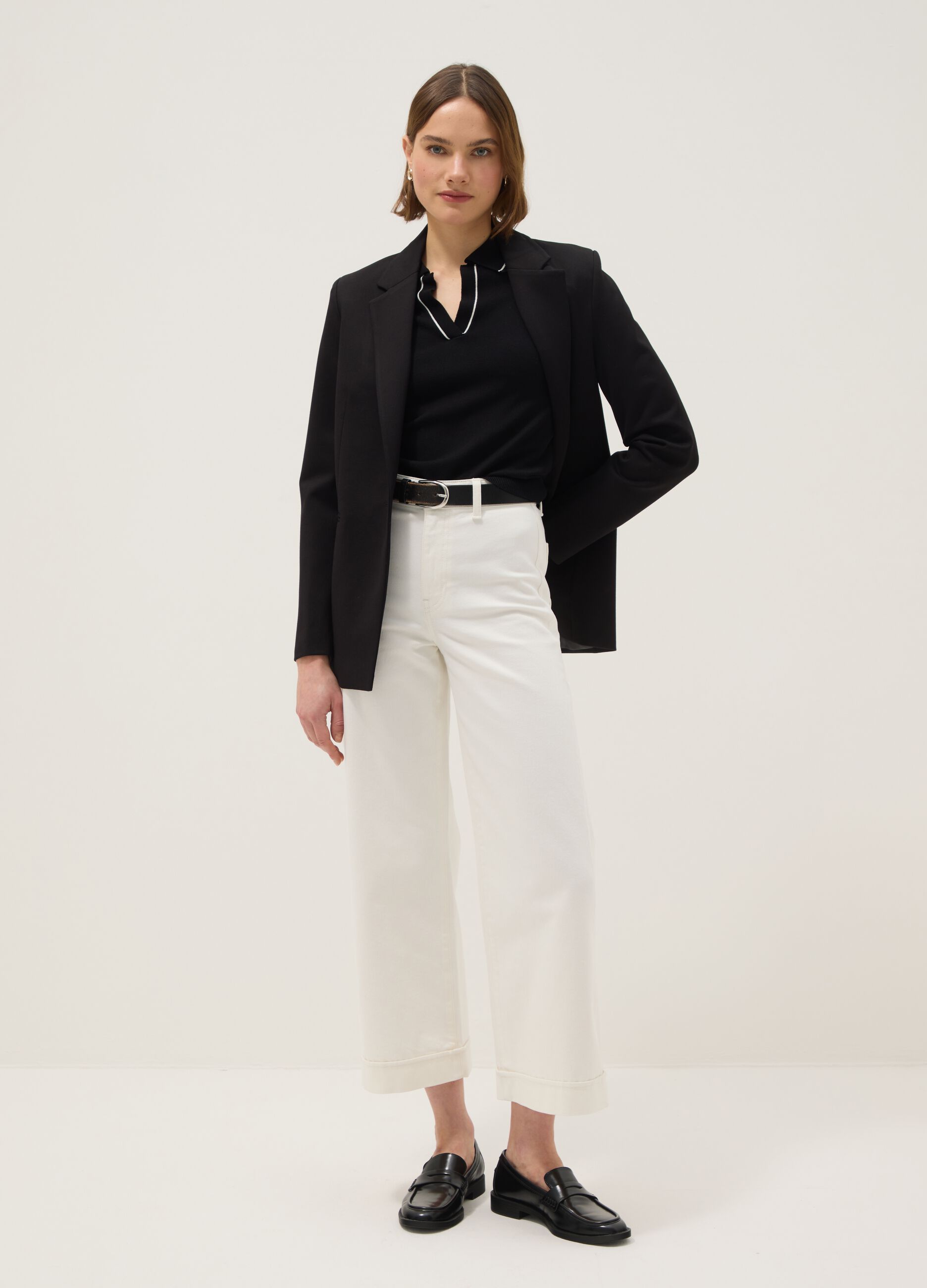 Wide-leg stretch cotton white jeans