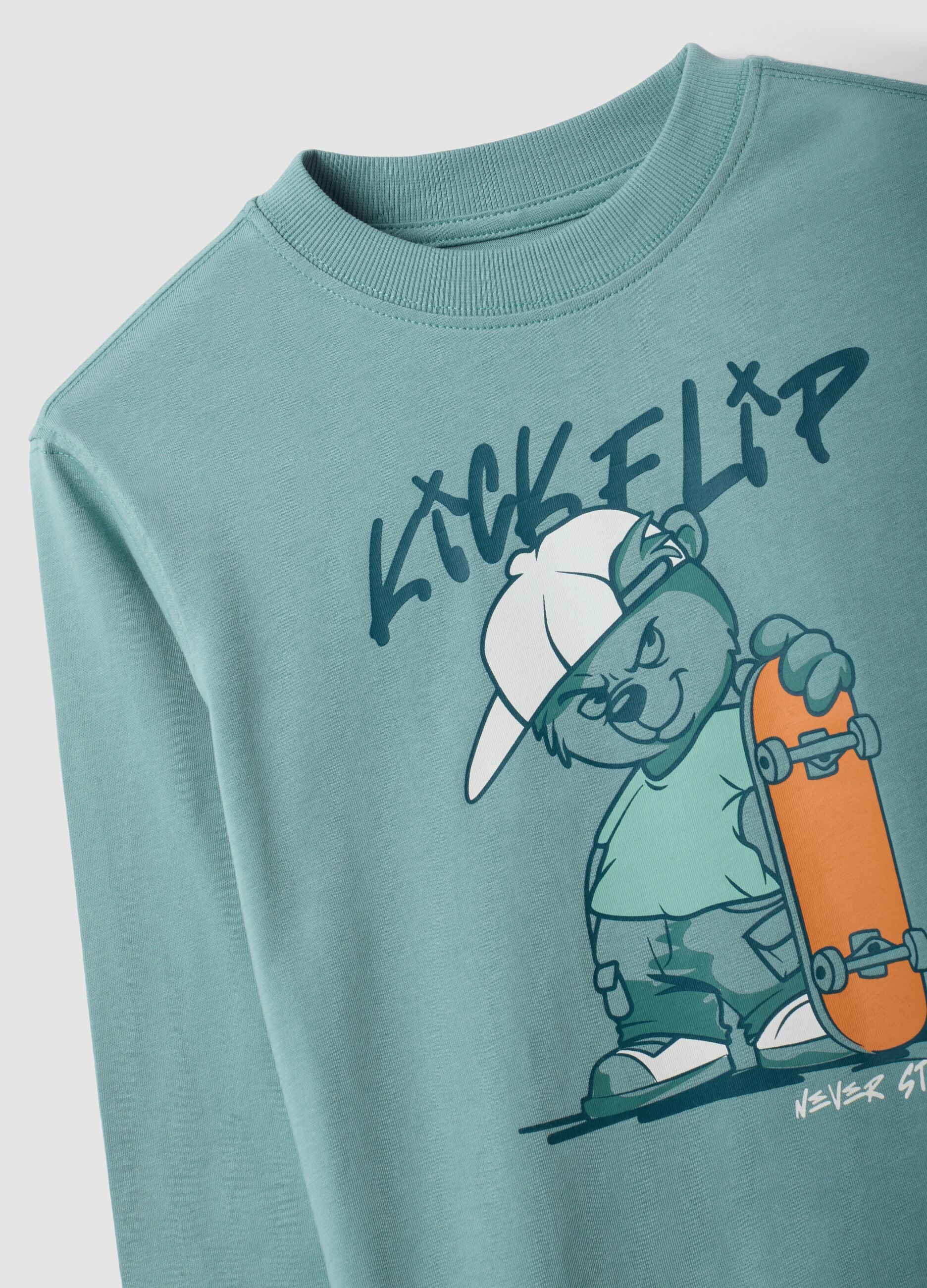 Green oversized pure cotton T-shirt with skate print for boys