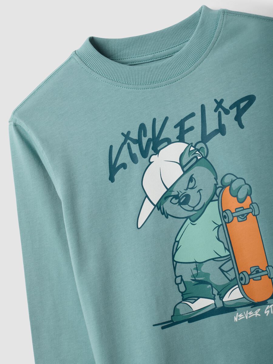 T-shirt over fit verde in puro cotone con stampa skate per bambino_2