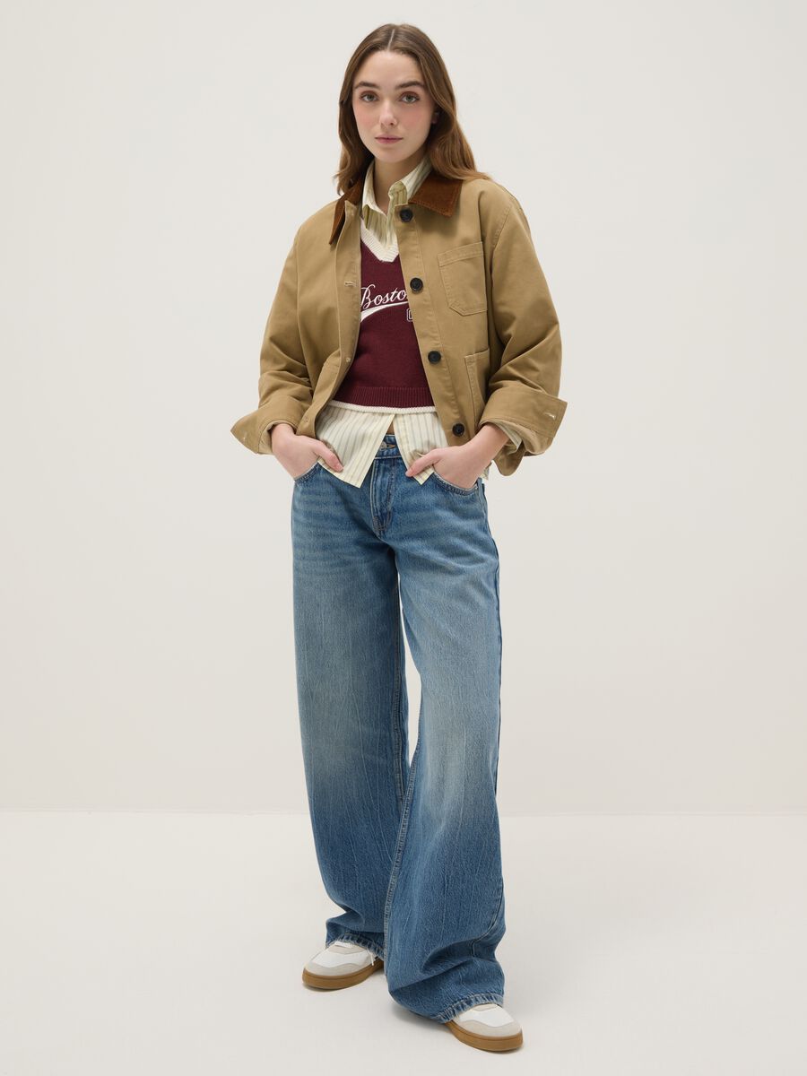 Regular fit beige pure cotton jacket with contrast collar_2