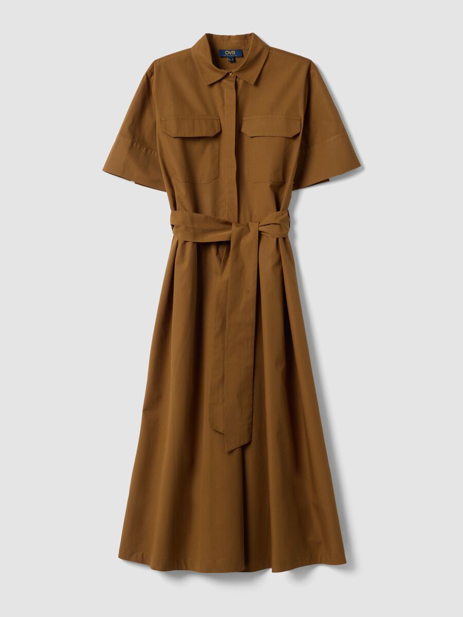 Brown pure cotton shirt dress with tie belt, regular fit_4