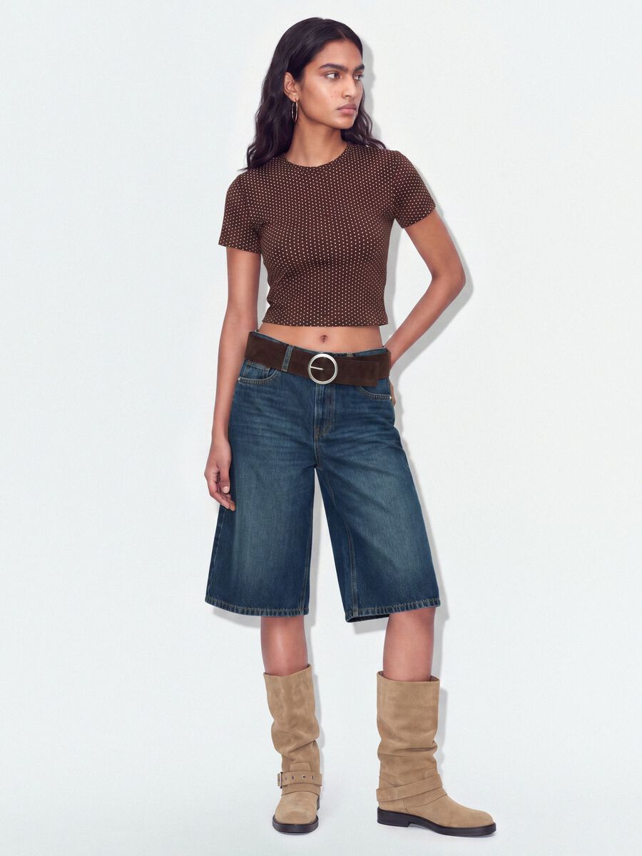 T-shirt crop marrone in puro cotone a pois regular fit_1