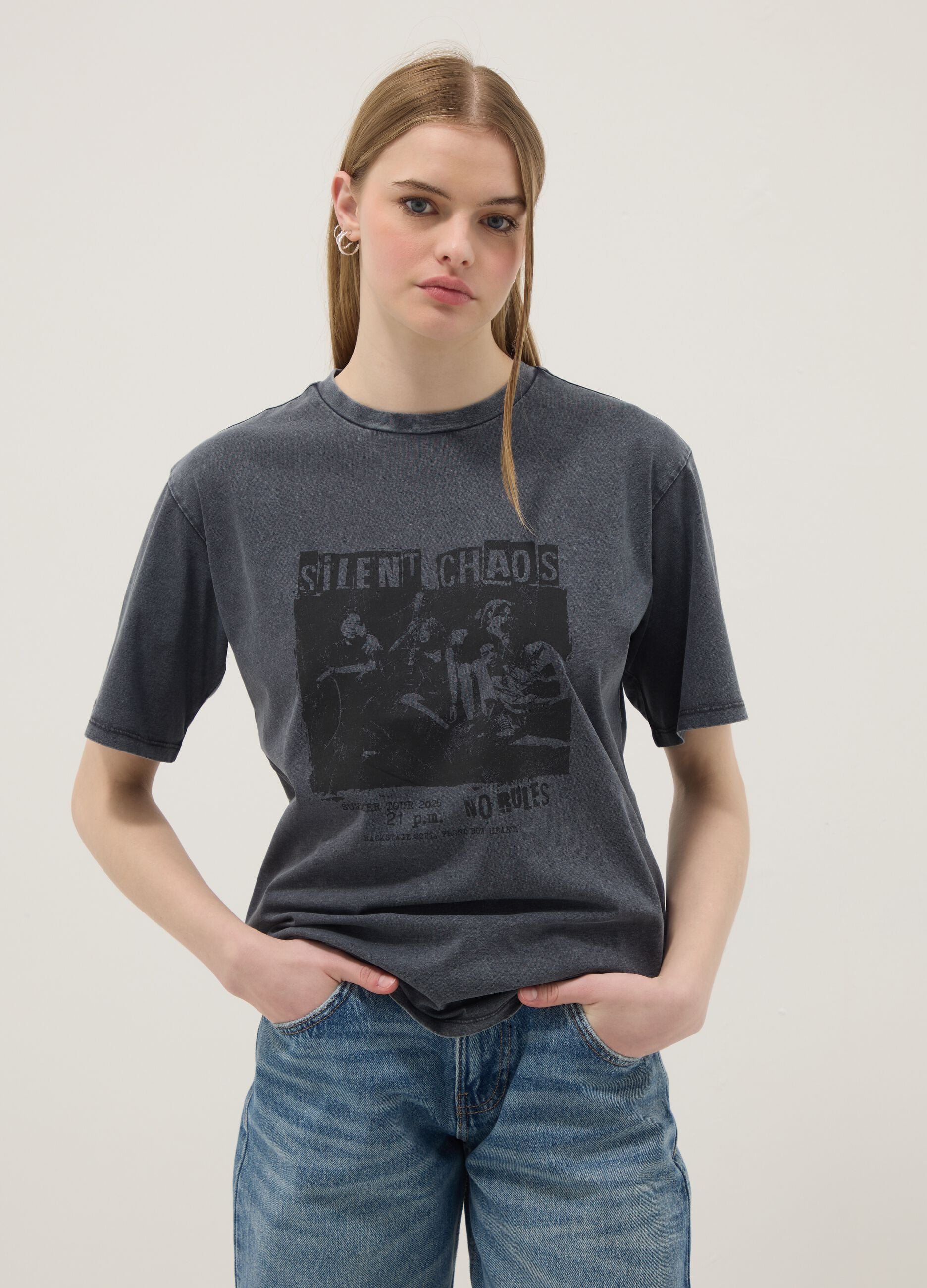 Grey pure cotton relaxed fit T-shirt with print