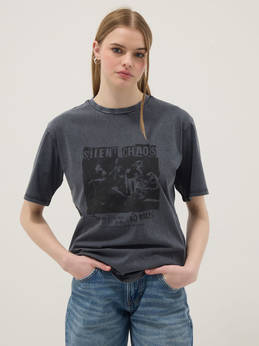 Grey pure cotton relaxed fit T-shirt with print_1