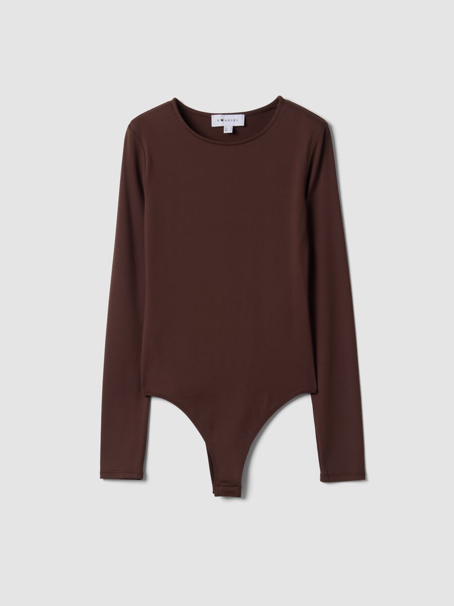 Body marrone in tessuto elasticizzato con girocollo fitted_0