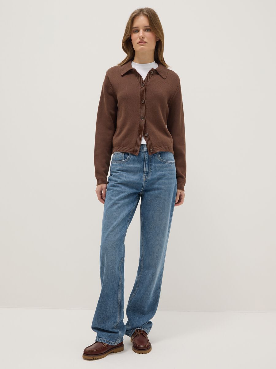 Brown cardigan with polo collar in pure cotton, regular fit_1