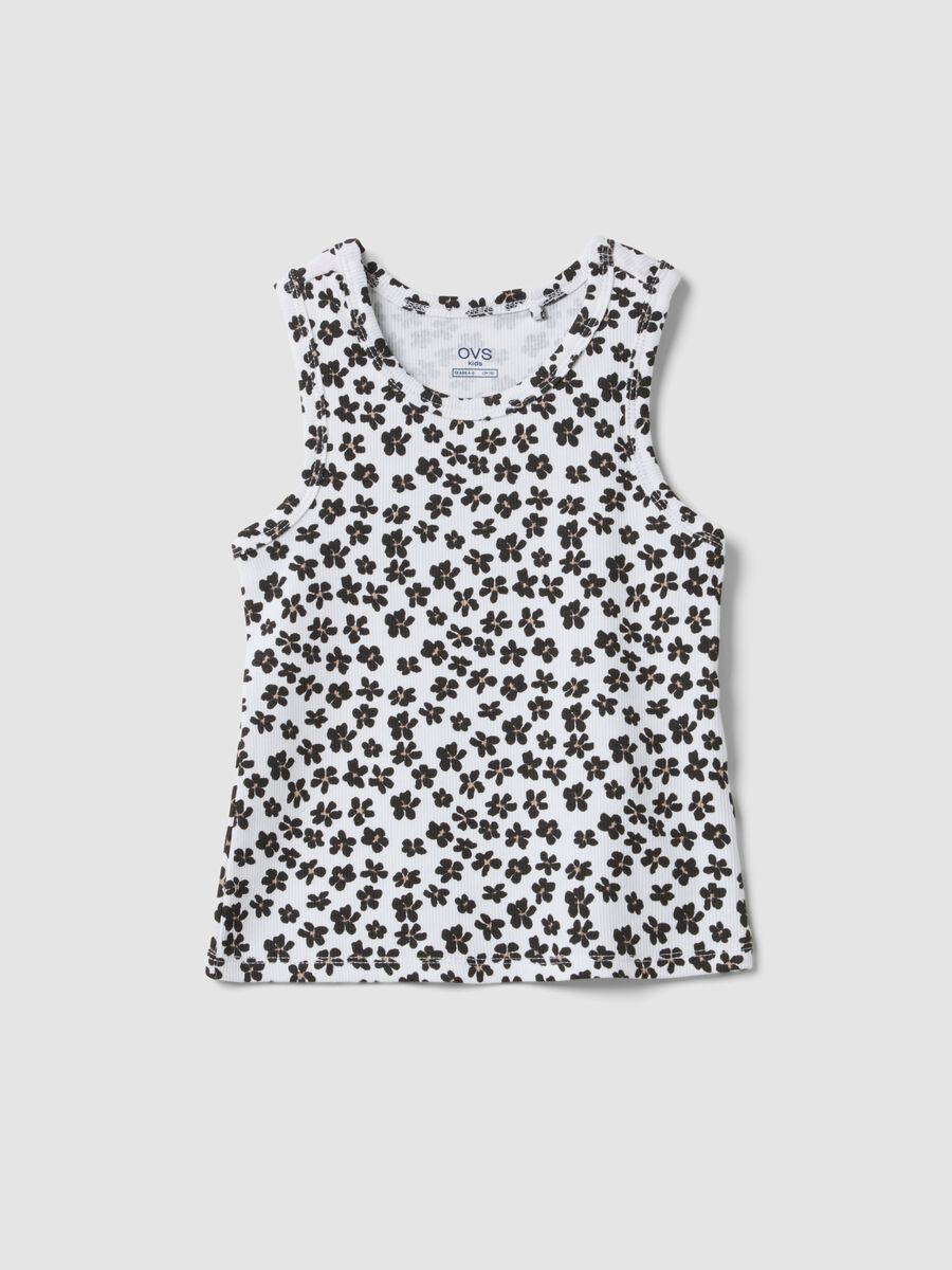 White ribbed stretch-cotton tank top with floral print_0