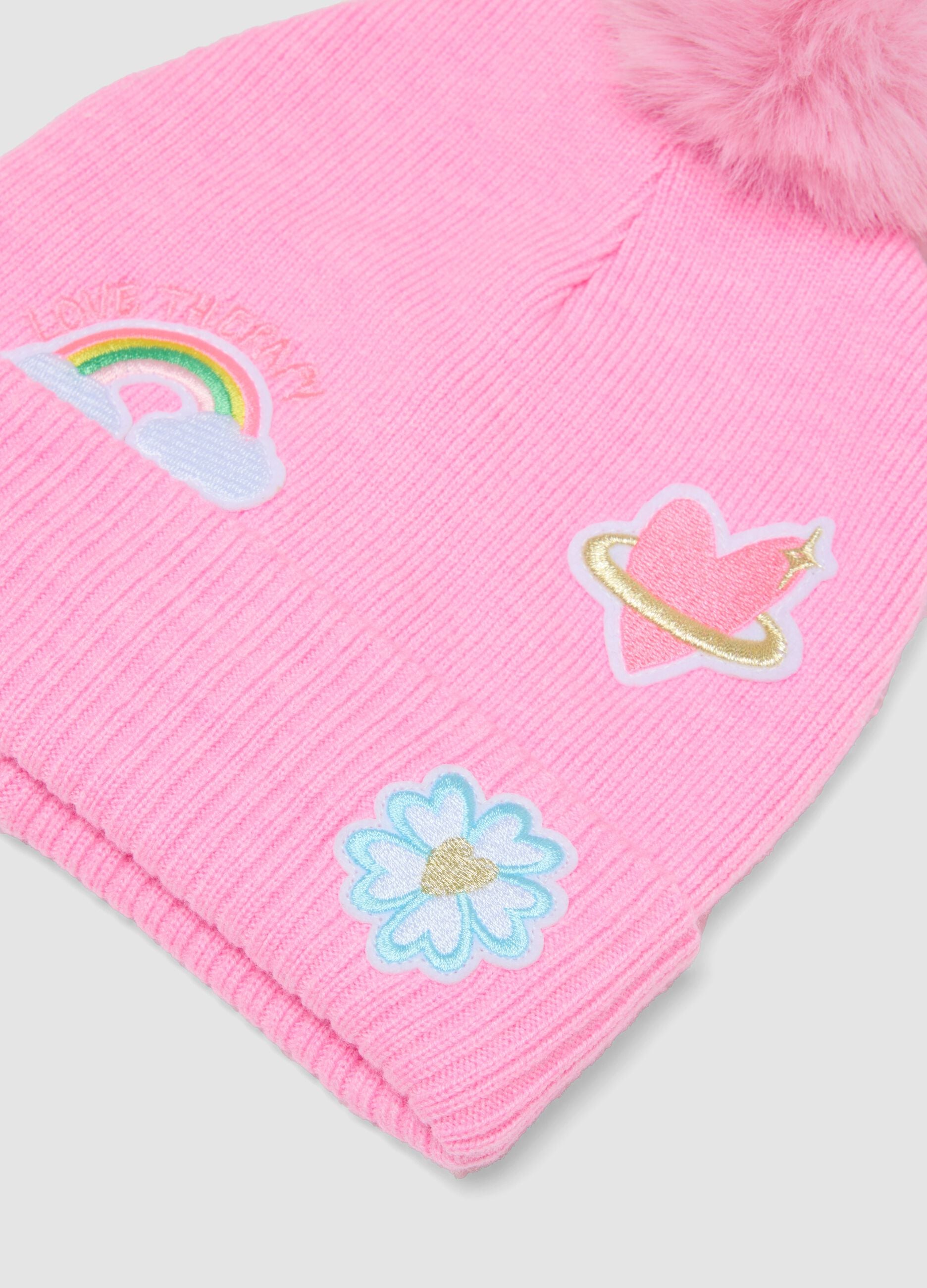 Pink viscose-blend beanie with pompom