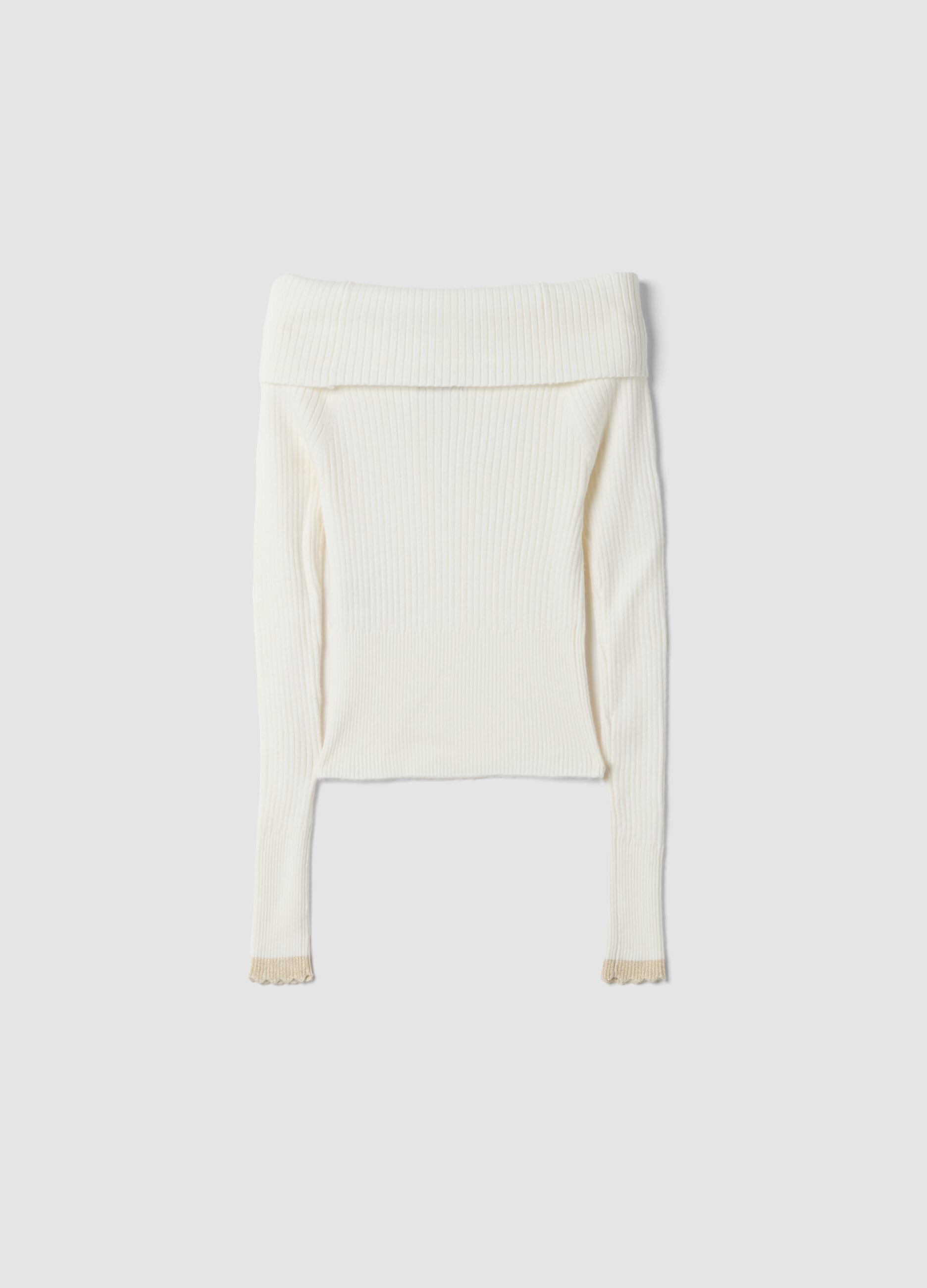 White viscose-blend fitted boat-neck top